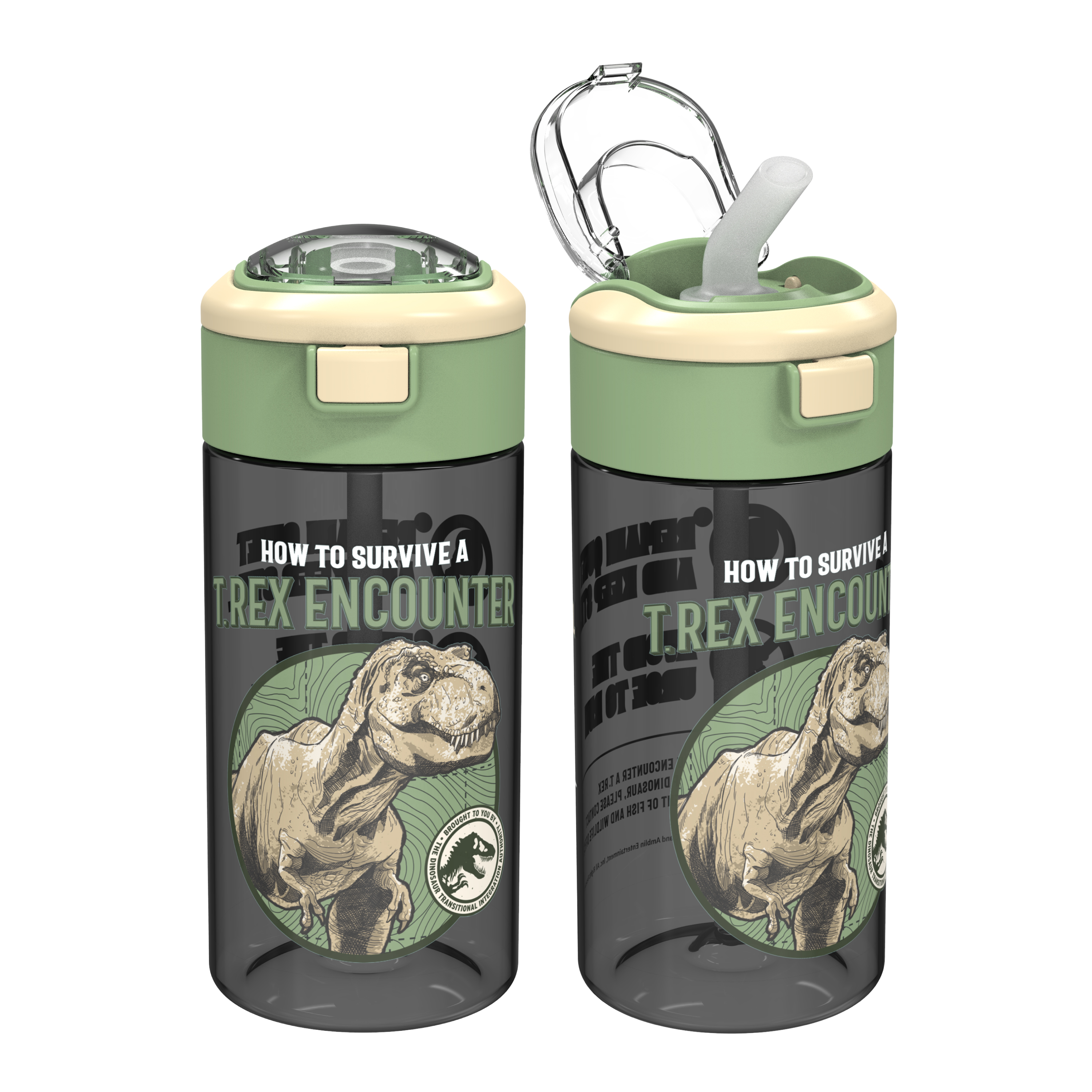 Jurassic World Dominion 18 ounce Reusable Plastic Water Bottle with Push-button lid, How to Survive a T-Rex Encounter, 2-piece set slideshow image 2