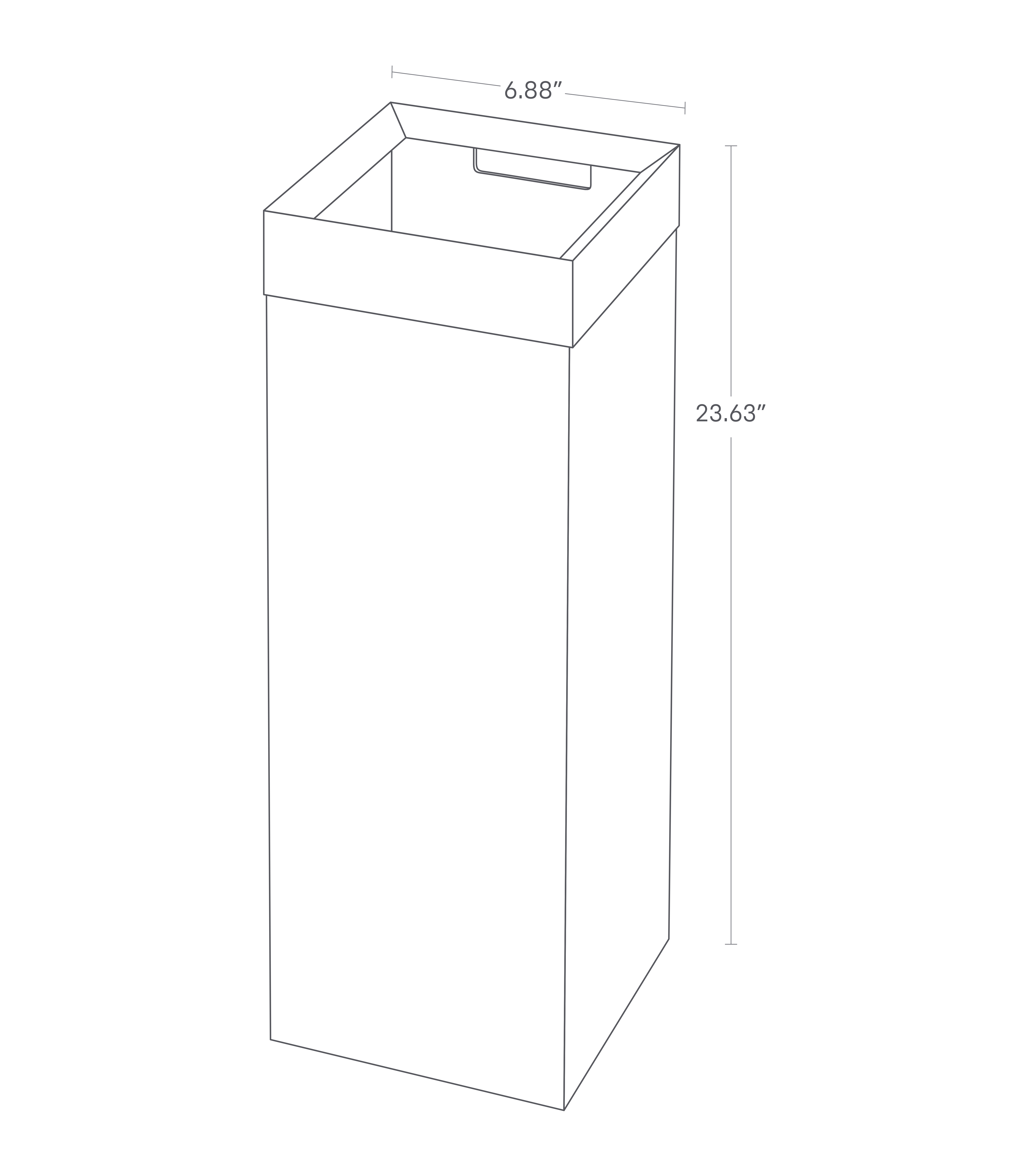 Image dimensionnelle pour la poubelle montrant une hauteur totale de 23,63" et une longueur/hauteur égale de 8,9".