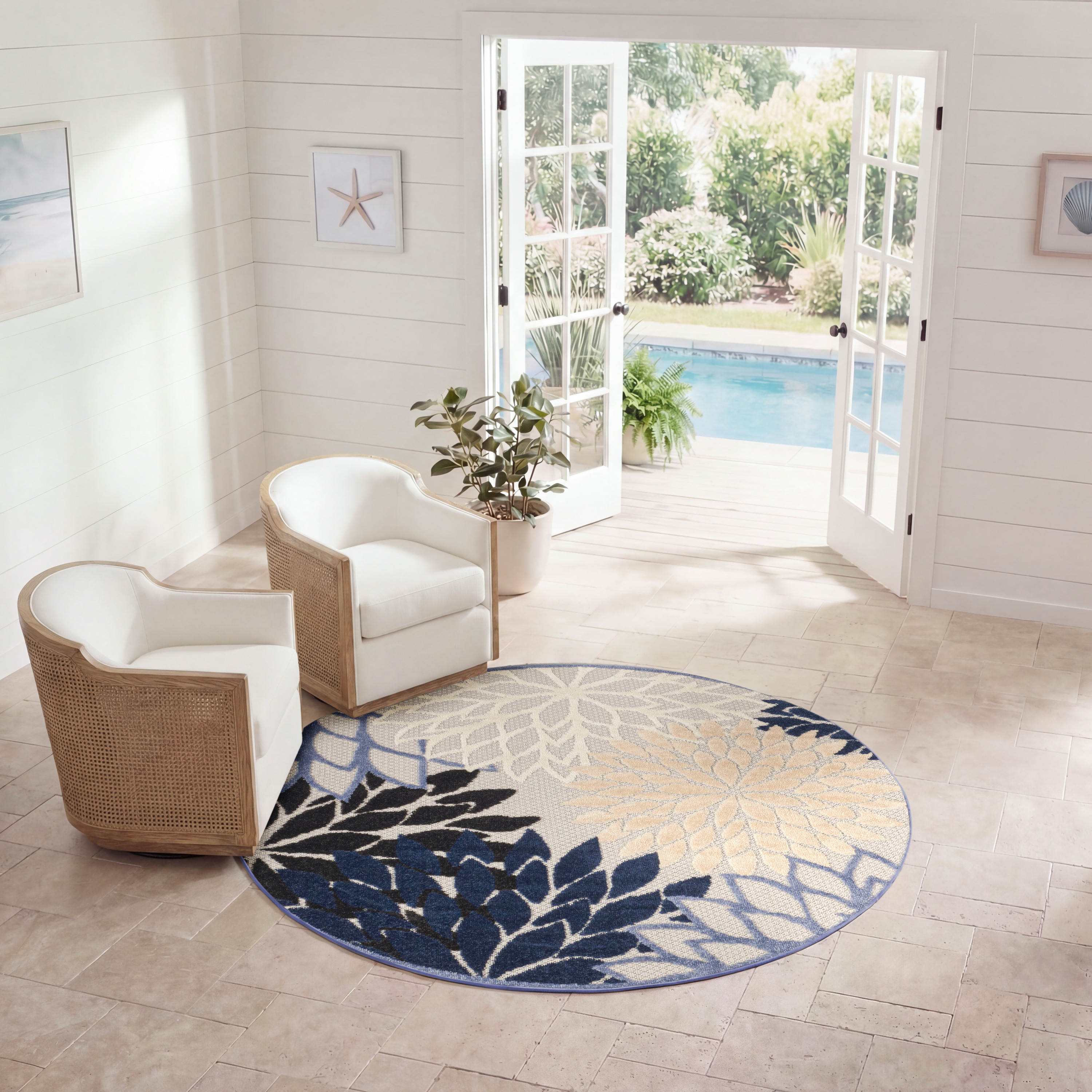 Nourison Aloha 5'3" x Round Blue Multicolor Tropical Rug