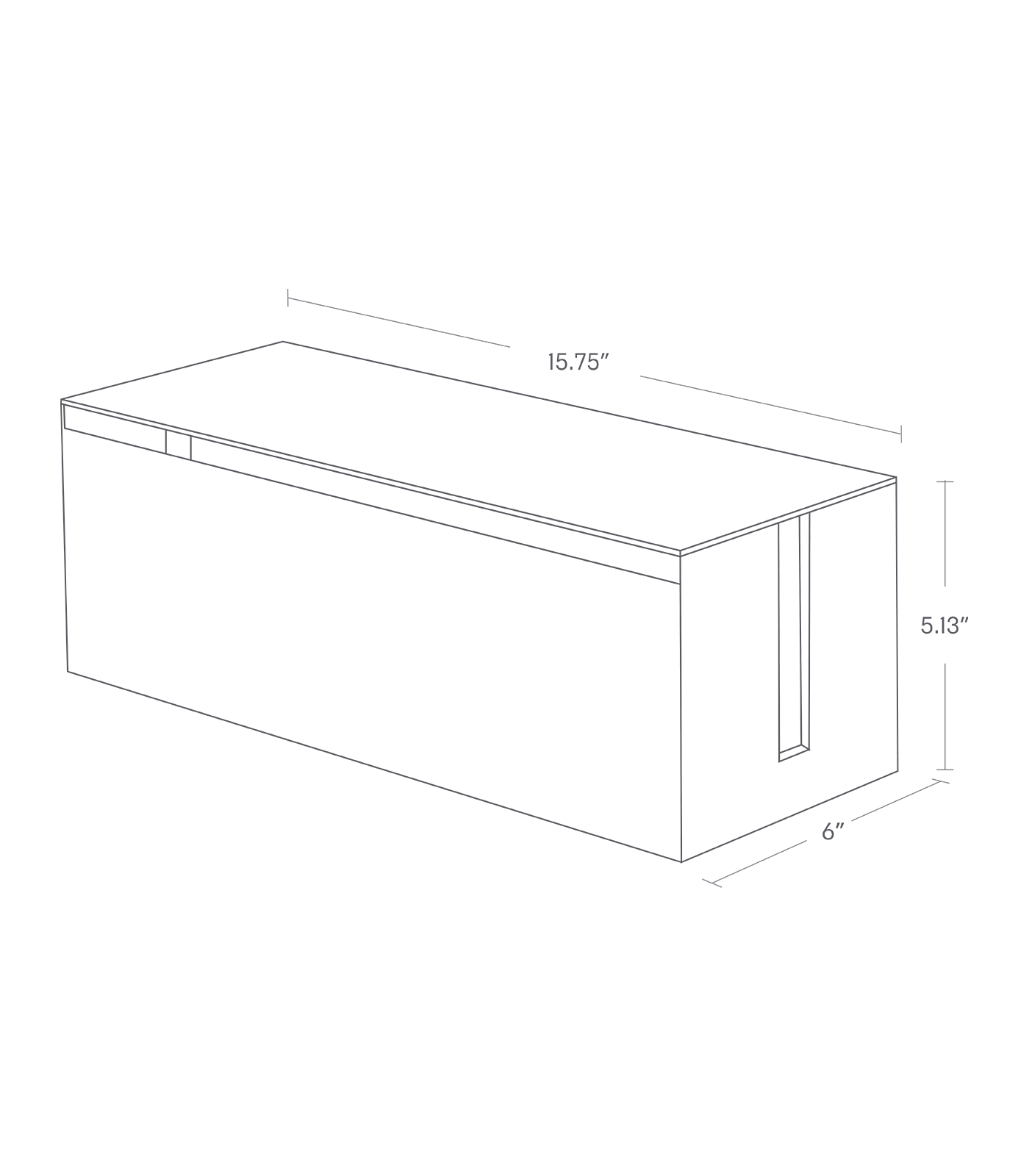 Dimension image for Cable Management Box showing length of 15.75 inches, width of 6 inches and height of 5.13 inches