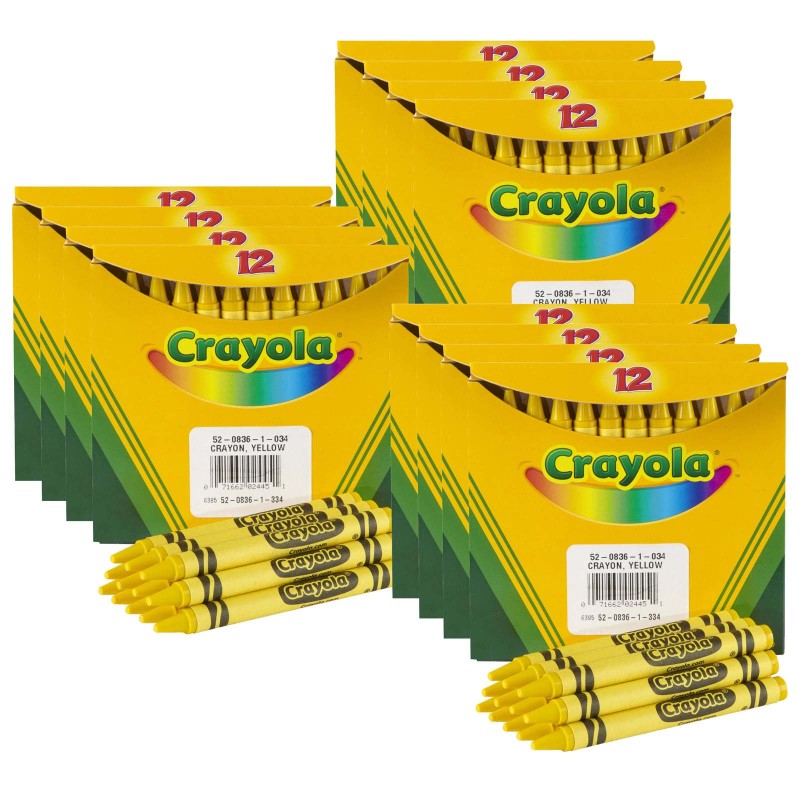 Single Color Bulk Crayons, Regular Size, Yellow, 12 Per Pack, 12 Packs