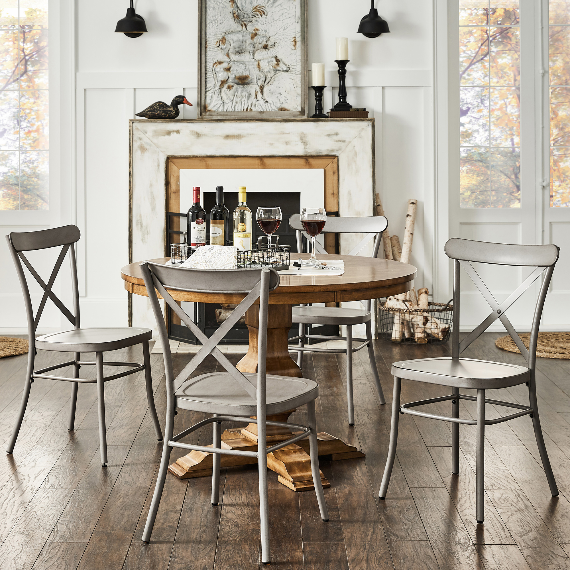 Oak Round Solid Wood Top 5-Piece Dining Set with X-Cross Back Chairs