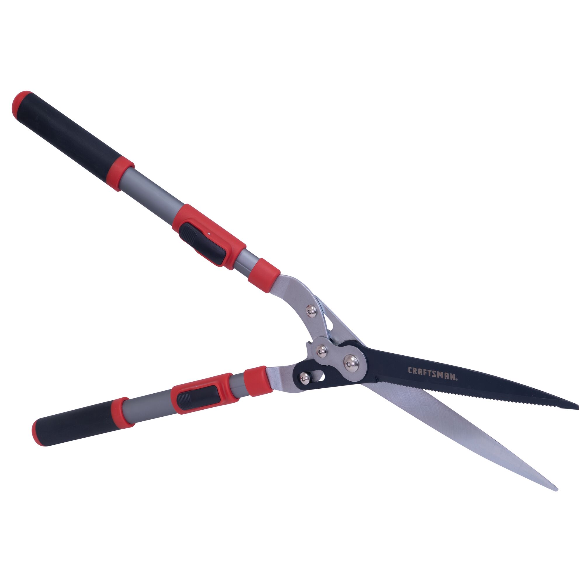 Right profile of hedge shears with compound action blade and telescoping handles.