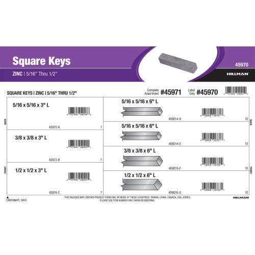 Zinc Long Square Keys Assortment (5/16