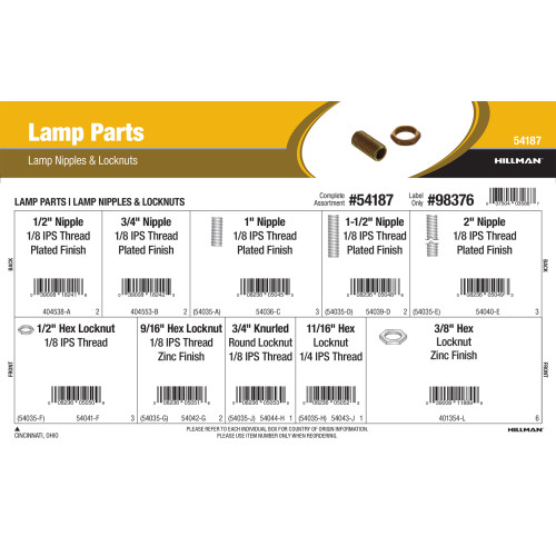 Lamp Parts Assortment (Lamp Nipples & Lock Nuts)