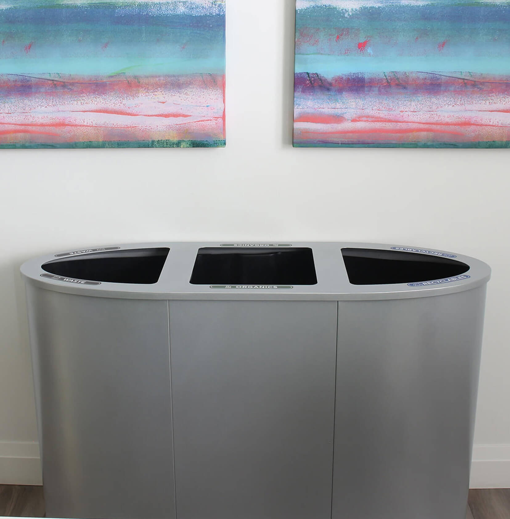waste and recycling container made from durable steel with silver powder coated finish in an office