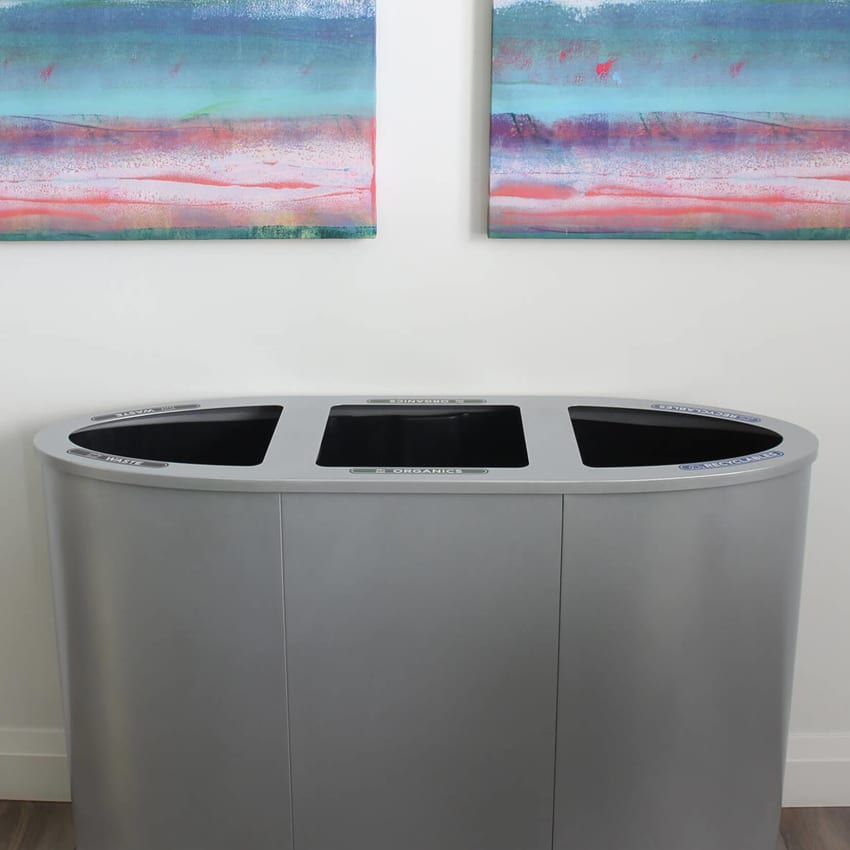 waste and recycling container made from durable steel with silver powder coated finish in an office