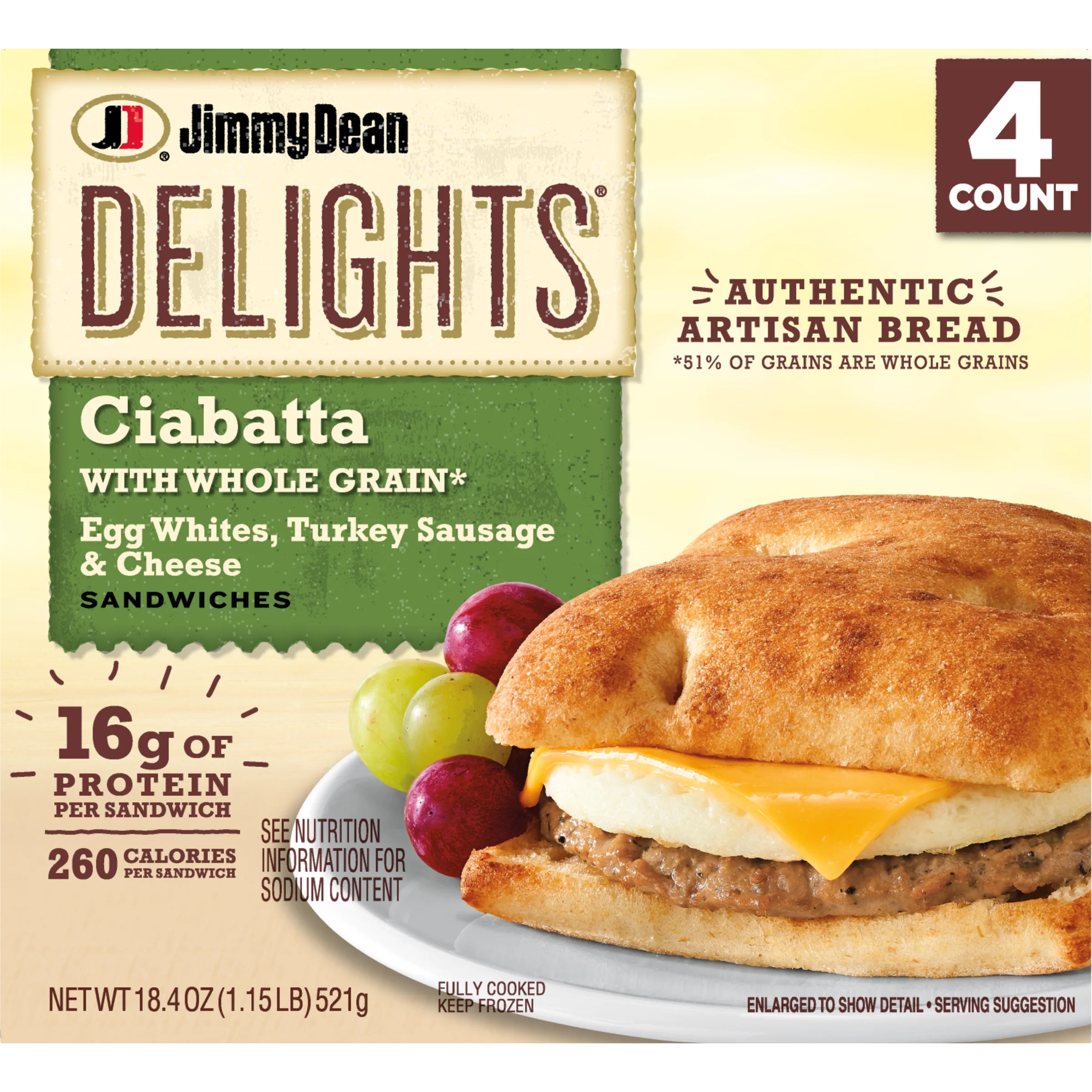 Delights Egg Whites, Turkey Sausage & Cheese Ciabatta Sandwiches