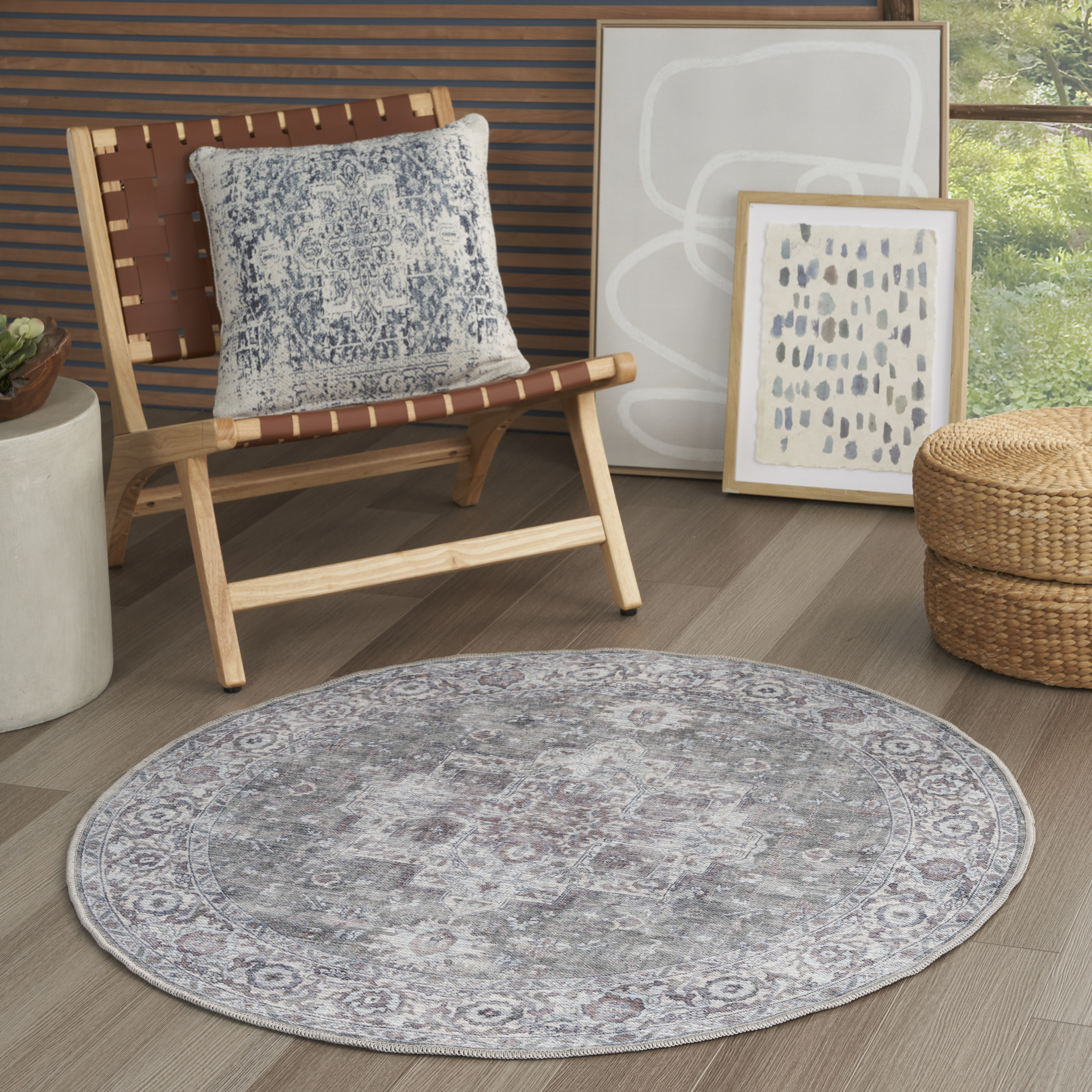 Nourison New Concept Washables 4' x Round Ivory Grey Vintage Indoor Rug