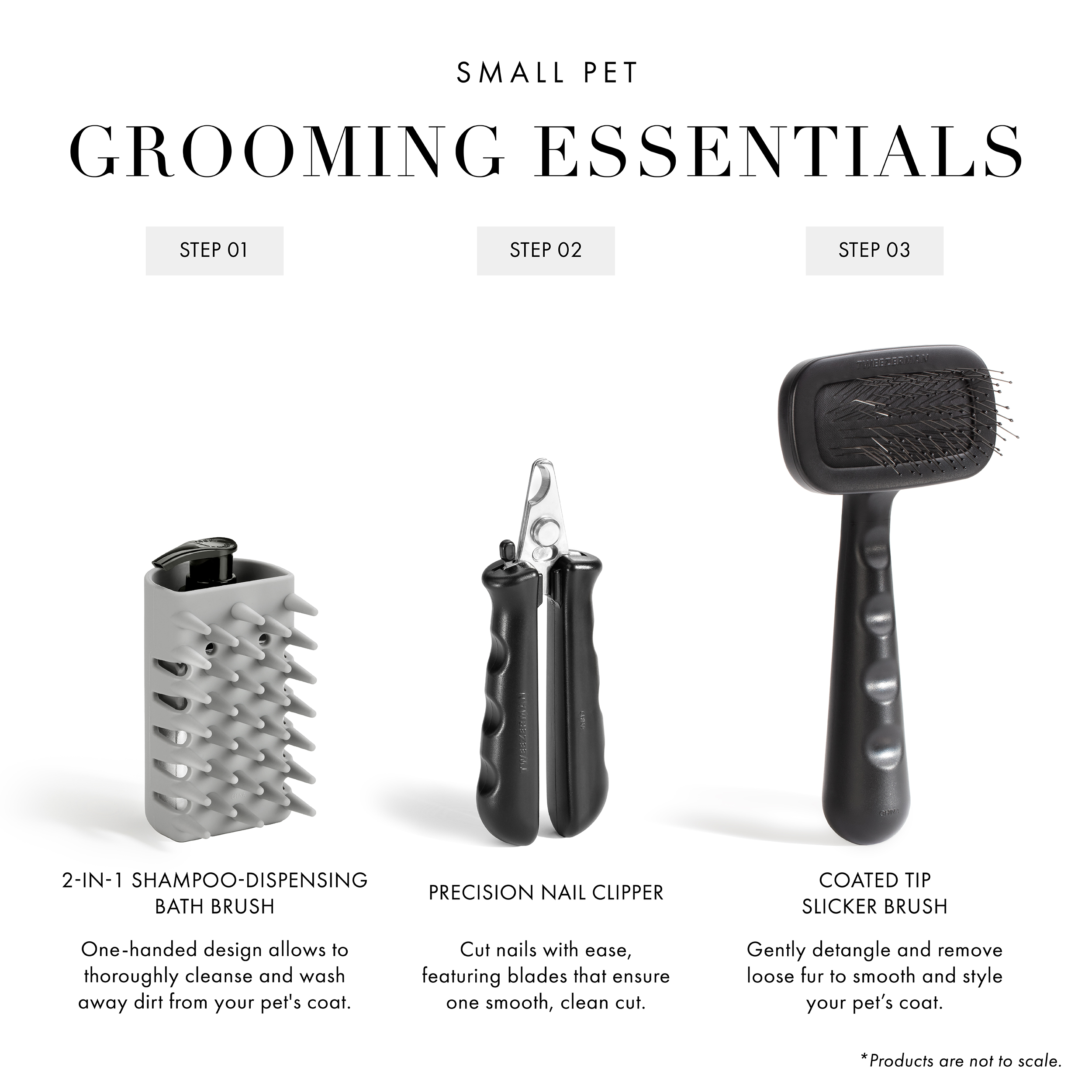 Cleanse + Massage Bath Time 101. 1) Add desired shampoo or conditioner to refillable bottle. 2) Wet pet's coat and pump product directly onto body. 3) Lather product using the brush and cleanse away debris + loose hair. 4) Finish! Remove bottle from brush sleeve and lay out separately to dry.