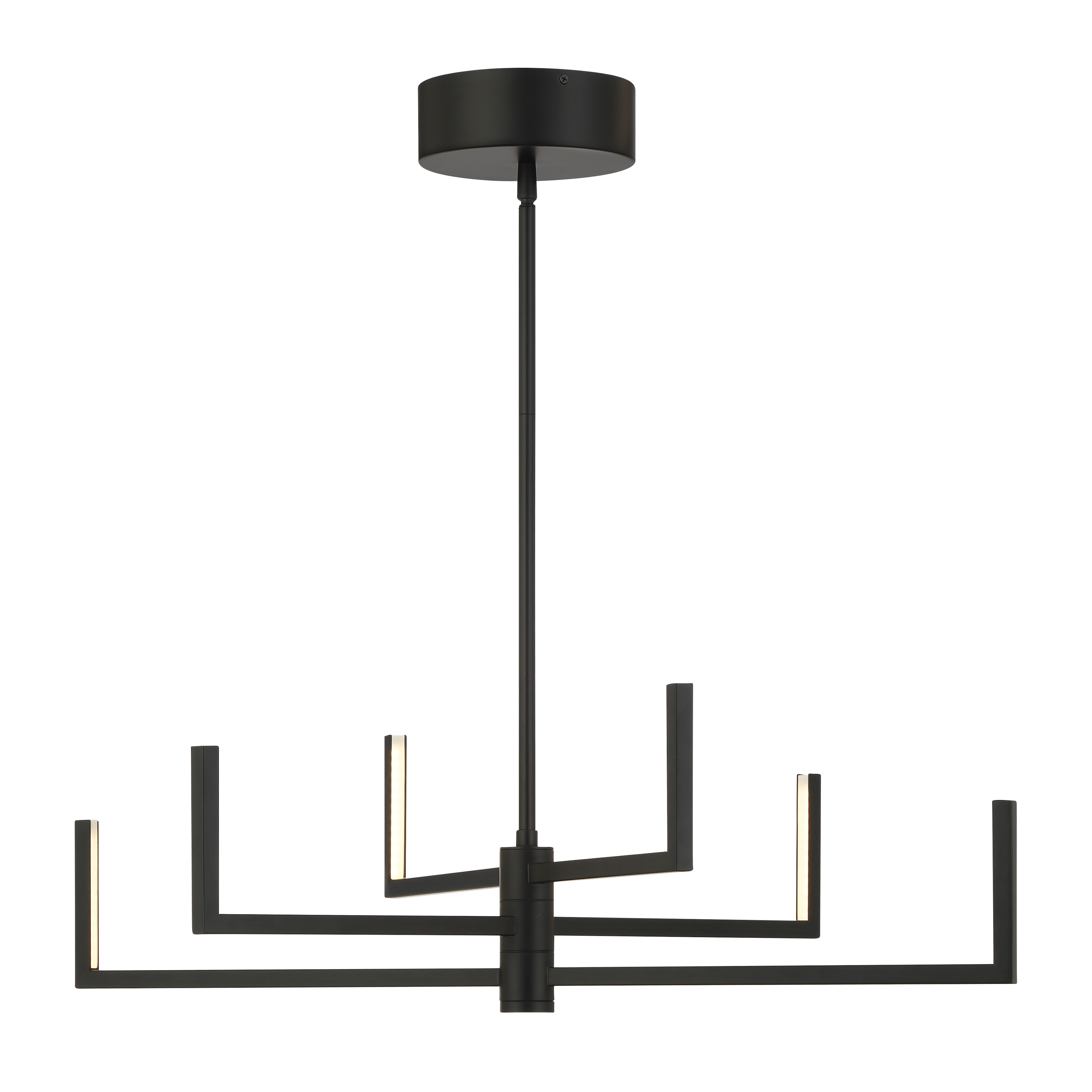 The Articular chandelier combines architectural design with functional flexibility. Its rotating arms allow customizable light direction, while integrated LED technology delivers warm, high-CRI illumination. The coal black finish adds bold contrast. - alternate view