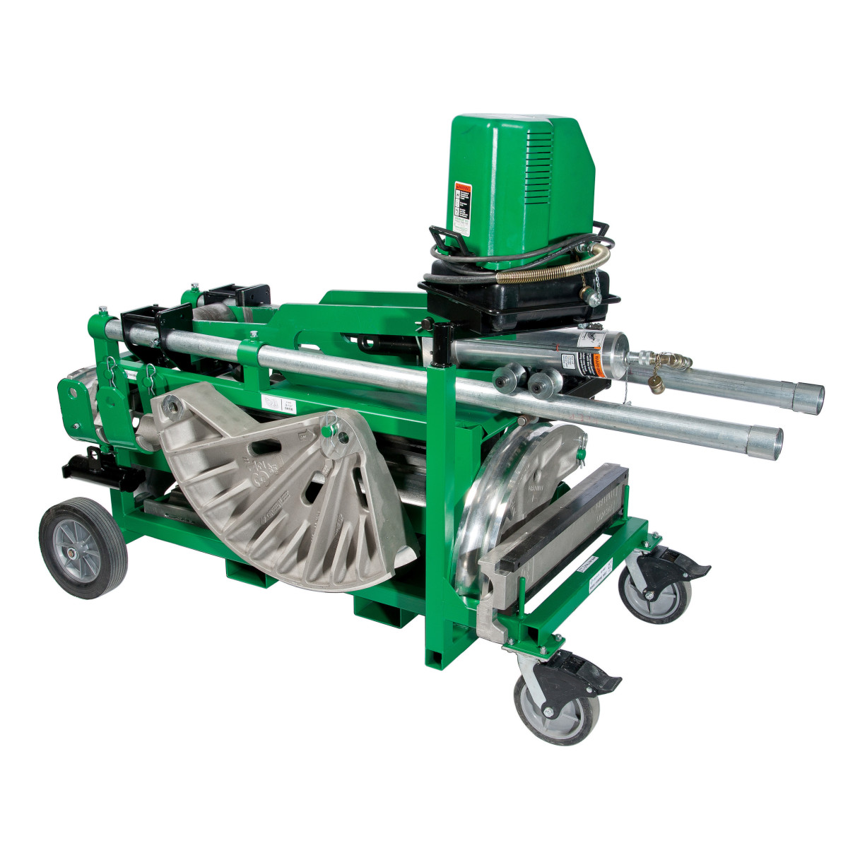 Locking swivel wheels for maneuverability. Fork pockets to conveniently move the unit with a fork truck. Ram positioner to ease the set up of the ram to accommodate different size shoes. Steel pegs with hitch pins for storage of shoes and saddles. Carriage assembly to mount the 881 Bender unit direc