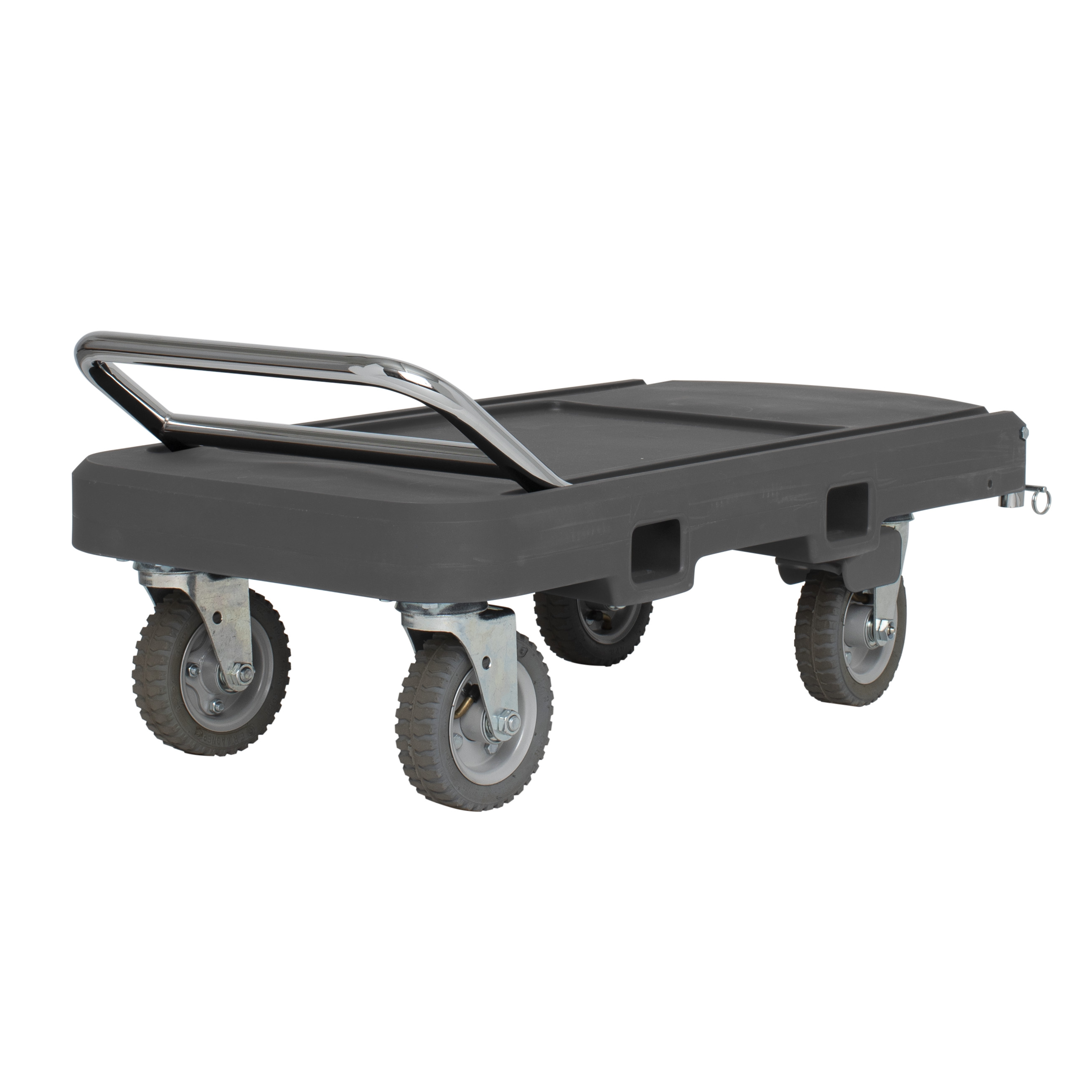 Flatbed utility dolly in dark gray with 6” pneumatic wheels, straps and