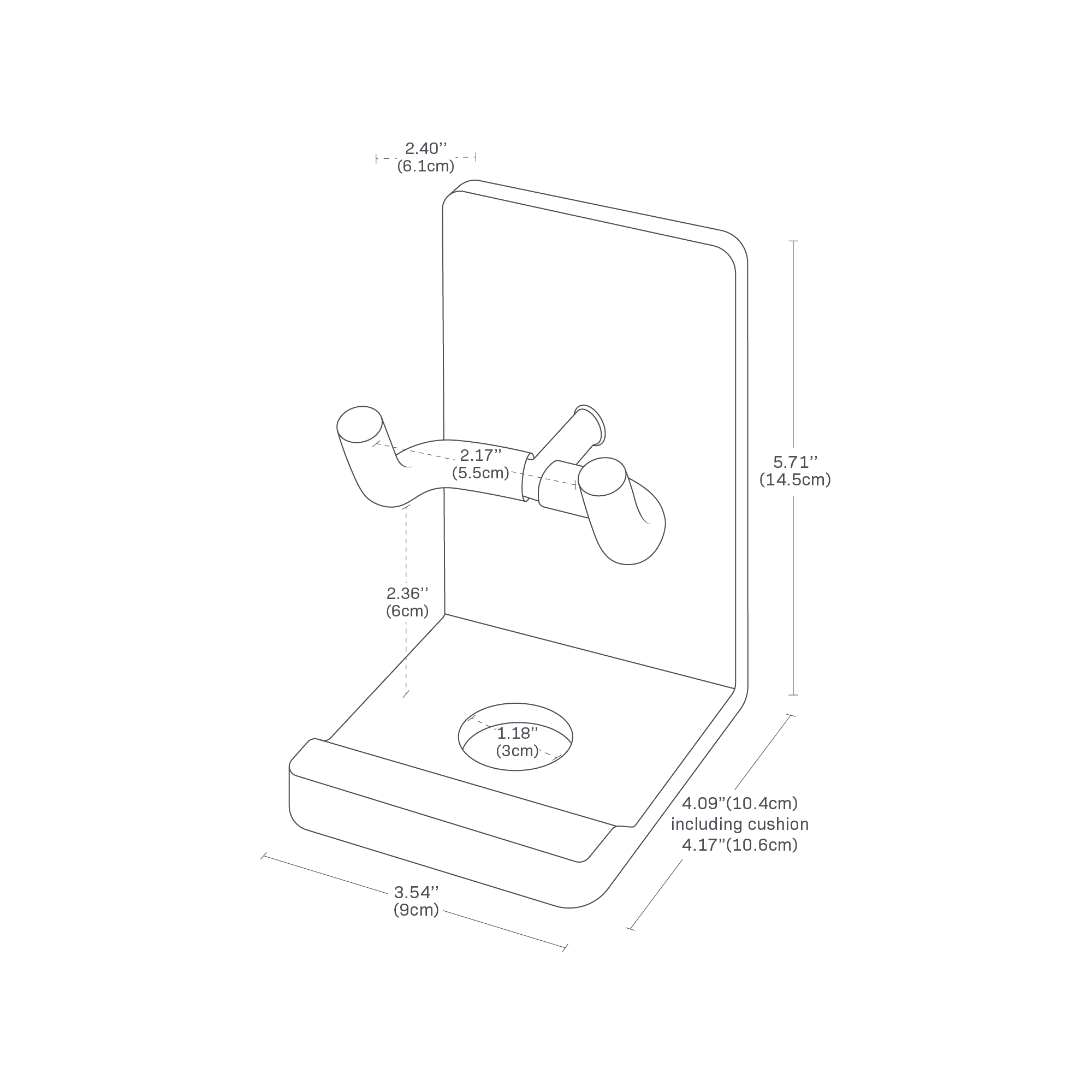 Detailed dimensions image of the skateboard holder featuring the dimensions L 4.09" x W 3.54" x H 5.71".
