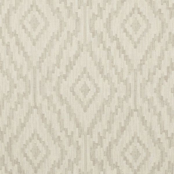 Beige woven fabric or wallpaper with stepped ikat diamond pattern, repeating across the surface; muted tones and subtle texture create a softly lit, neutral background suitable for interiors.