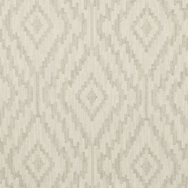 Beige woven fabric or wallpaper with stepped ikat diamond pattern, repeating across the surface; muted tones and subtle texture create a softly lit, neutral background suitable for interiors.