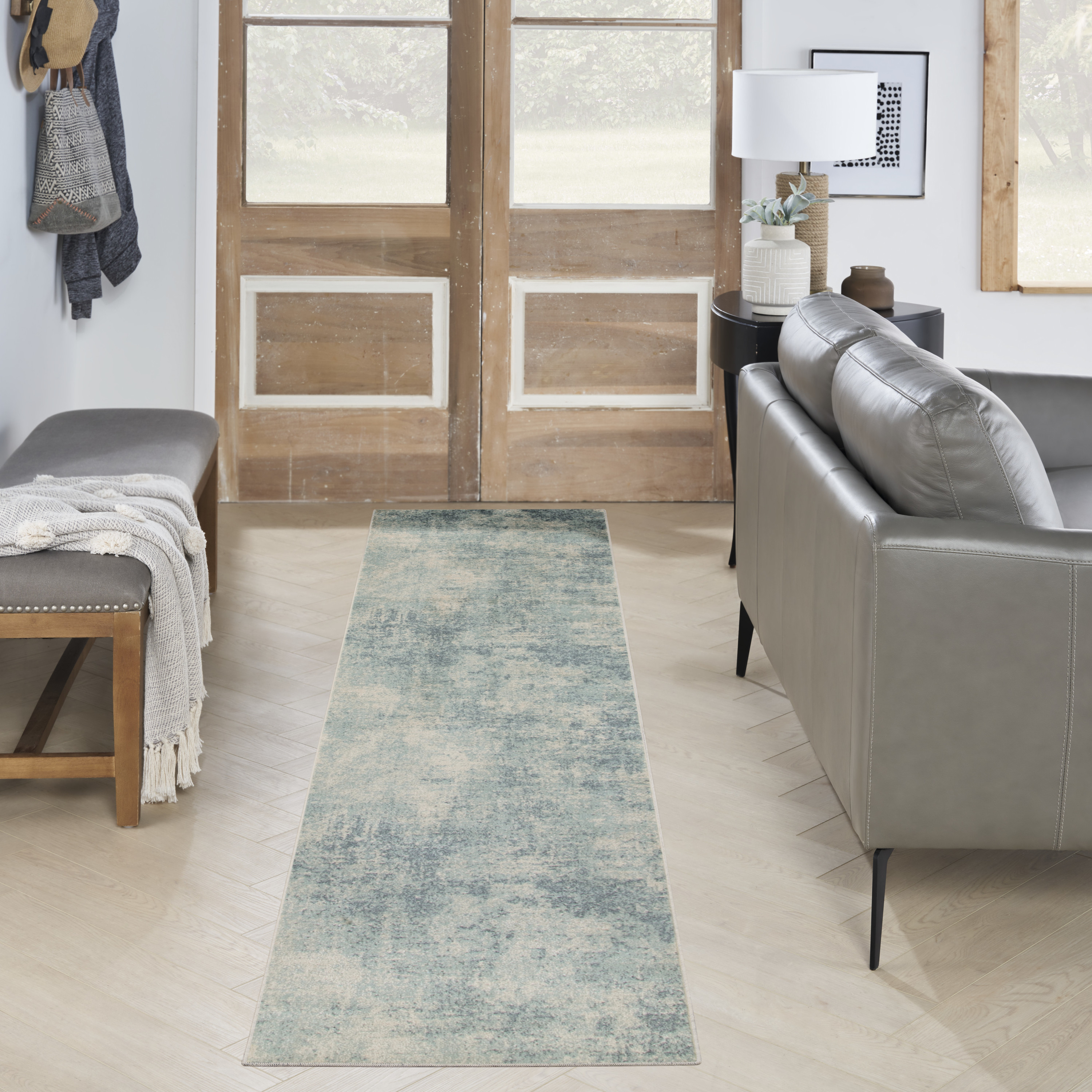 Nourison Astra Machine Washable 2'2" x 10' Blue Ivory Modern Indoor Rug