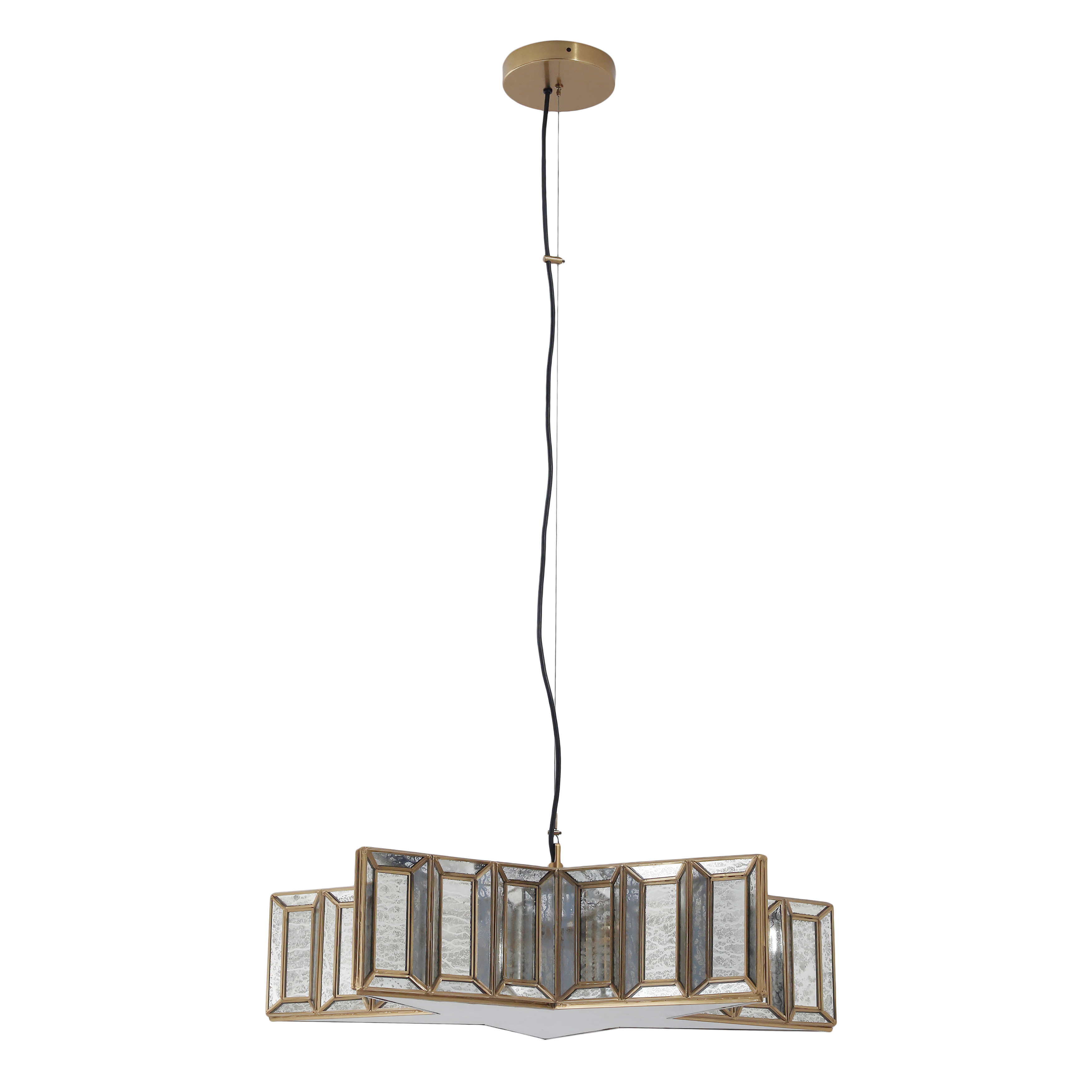 The Lone Star 5-Light Pendant combines warm artisan brass with distinctive mercury pane glass for a sophisticated transitional look. Its linear design and substantial 28-inch width make it perfect for dining rooms and kitchen islands. - alternate view
