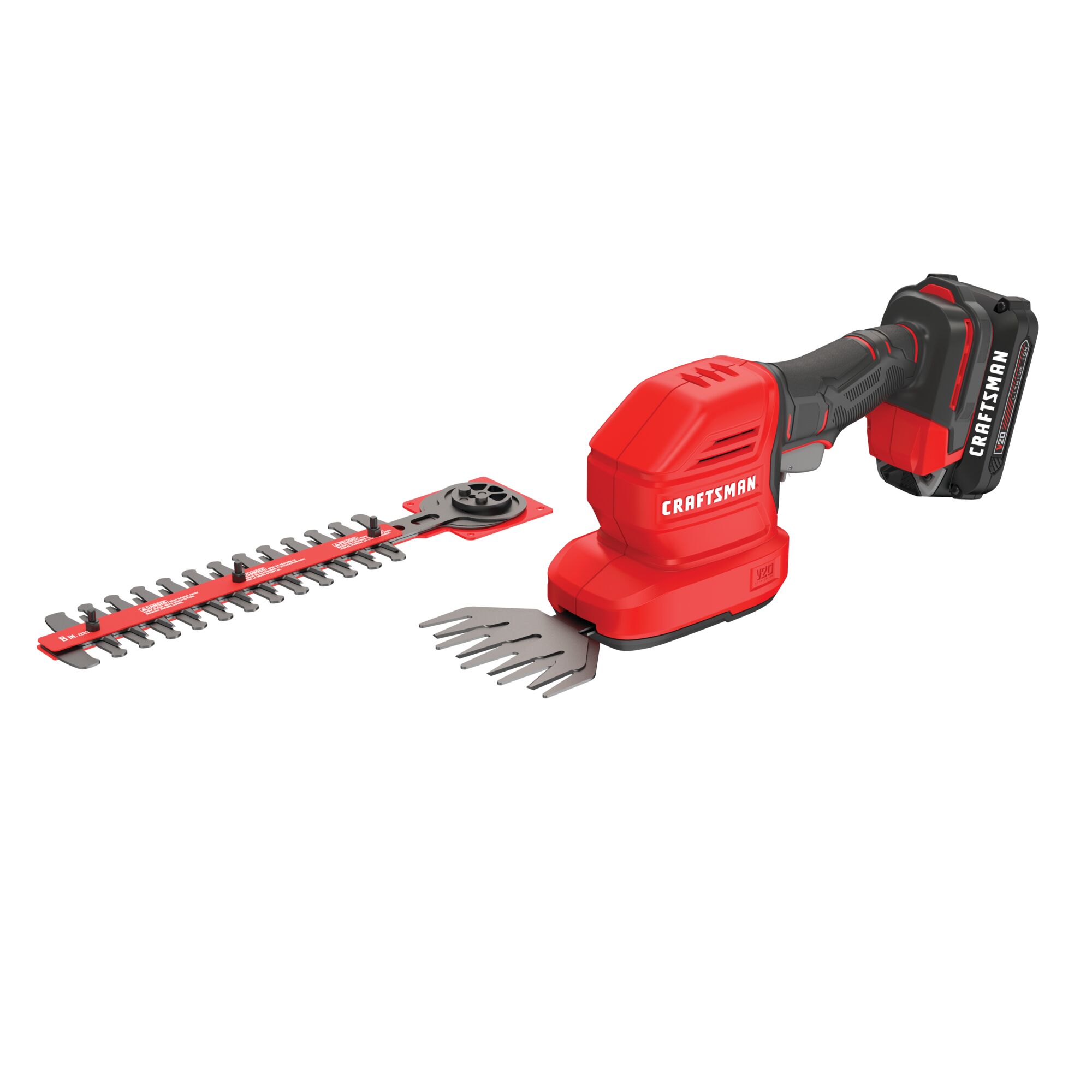 20 volt 8 inch cordless 2 in 1 hedge trimmer and 4 inch grass shear kit.