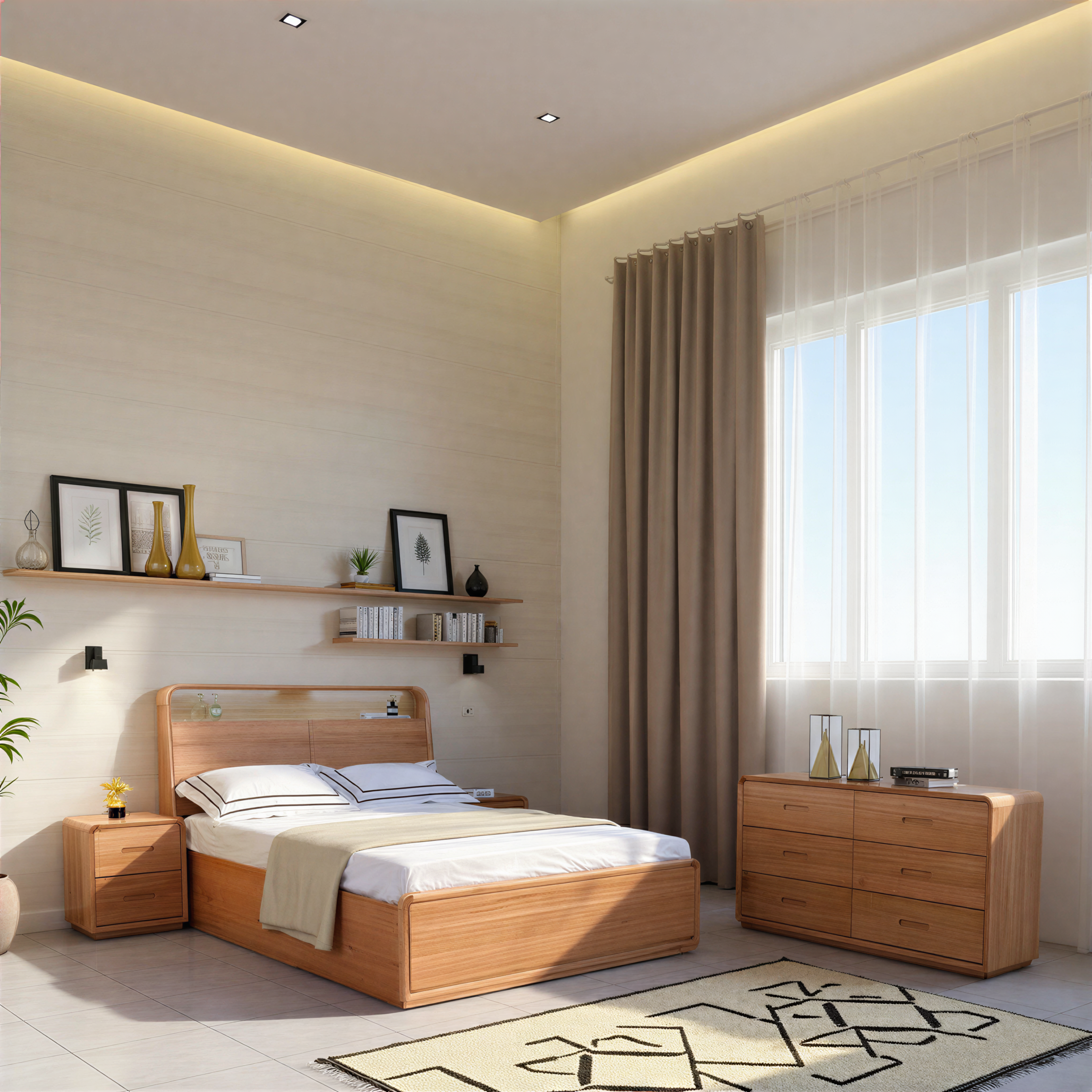 Lifestyle image of the  Valentine Bed Frame, W/ Bookend Headboard & Gas Lift Base, Natural from Forty Winks