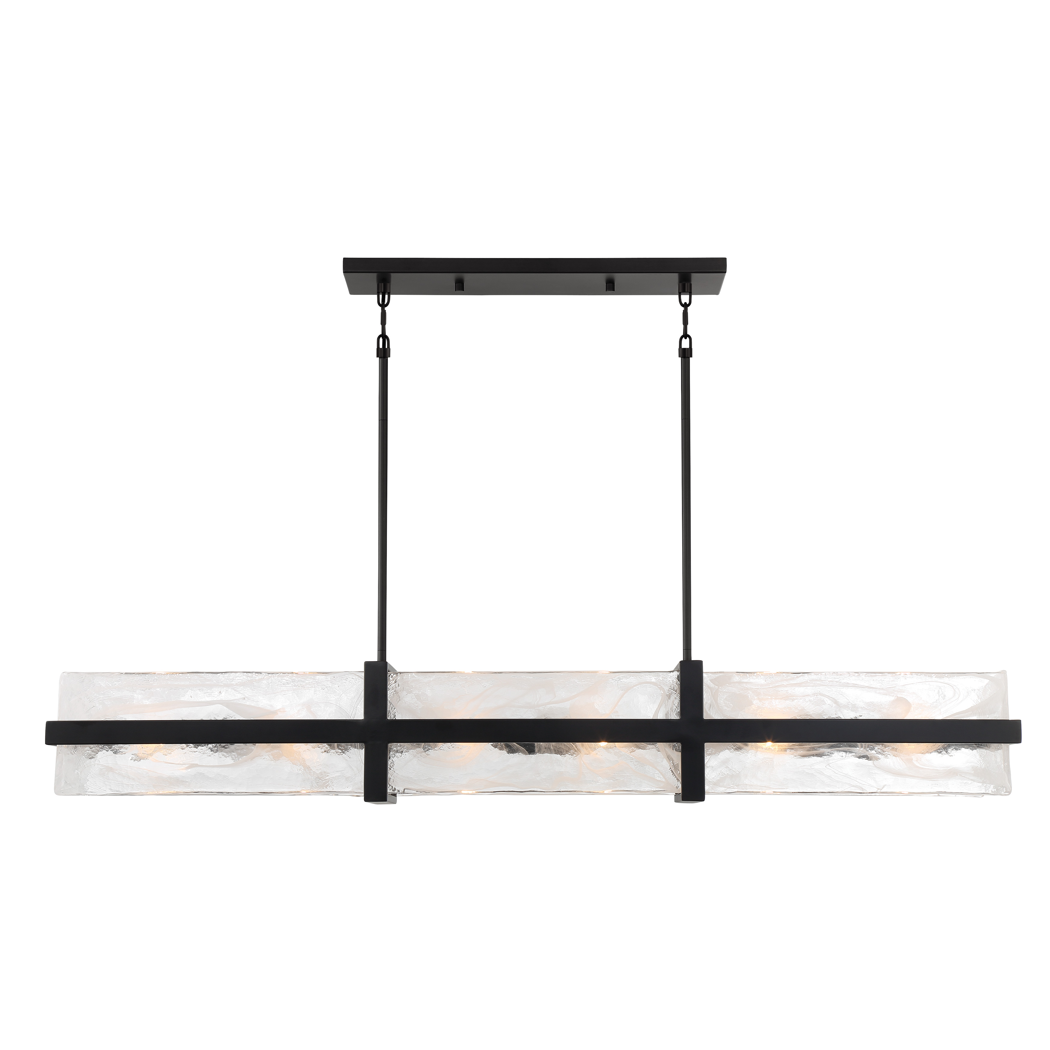 The Cloud Break 48" island chandelier makes a bold statement with 12 candelabra lights housed in cloud glass shades. Its coal black finish and linear design bring modern sophistication to kitchen islands and dining spaces. - alternate view