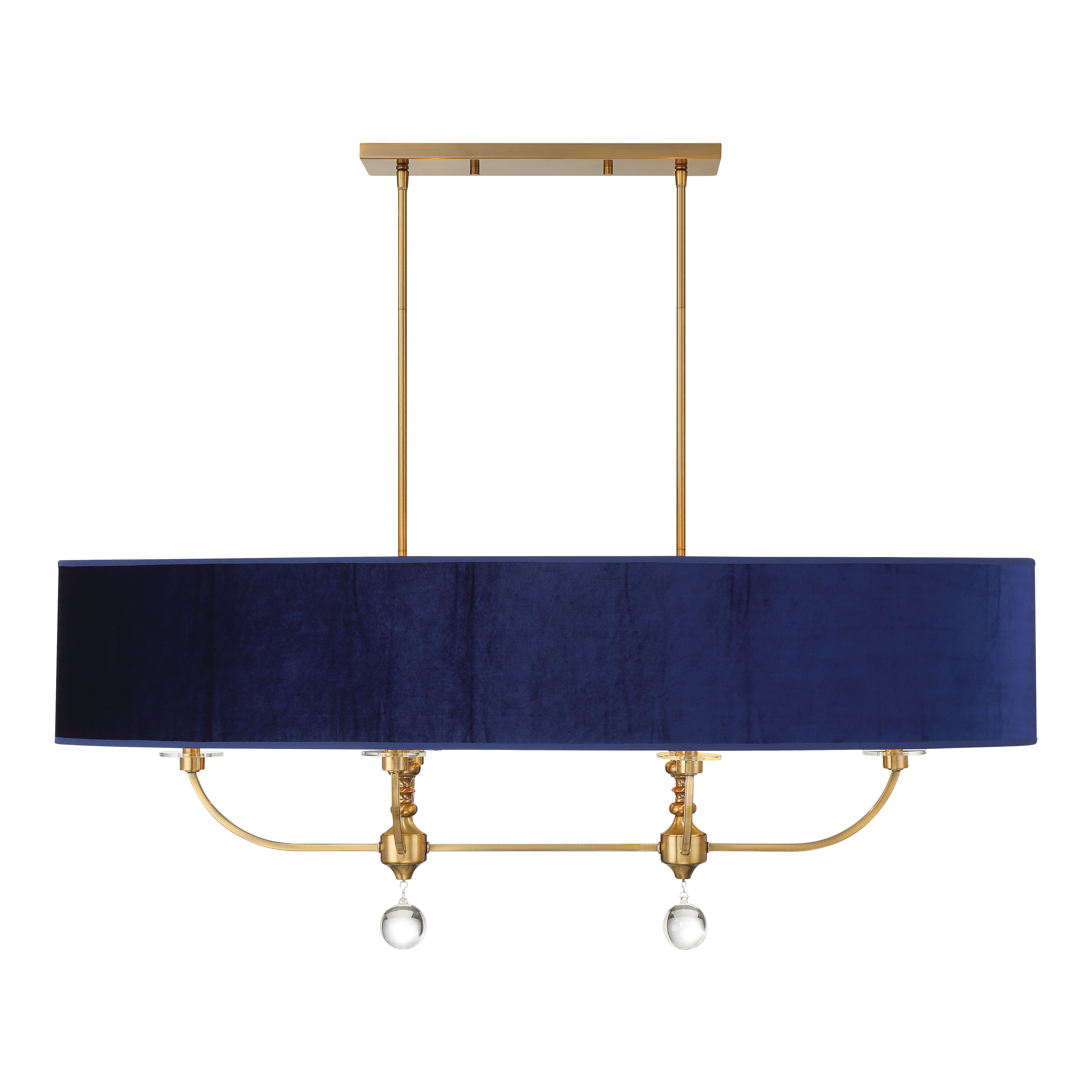 The Van Noord brings sophisticated elegance to kitchen islands and dining spaces with its oxidized aged brass finish, rich blue velvet shades, and decorative crystal ball accents. This 6-light linear fixture combines traditional craftsmanship with luxurious materials for a statement piece that elevates any interior. - alternate view