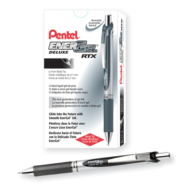 EnerGel RTX Retractable Liquid Gel Pen, (0.7mm) Metal Tip, Medium Line, Black Ink, 1 Dozen
