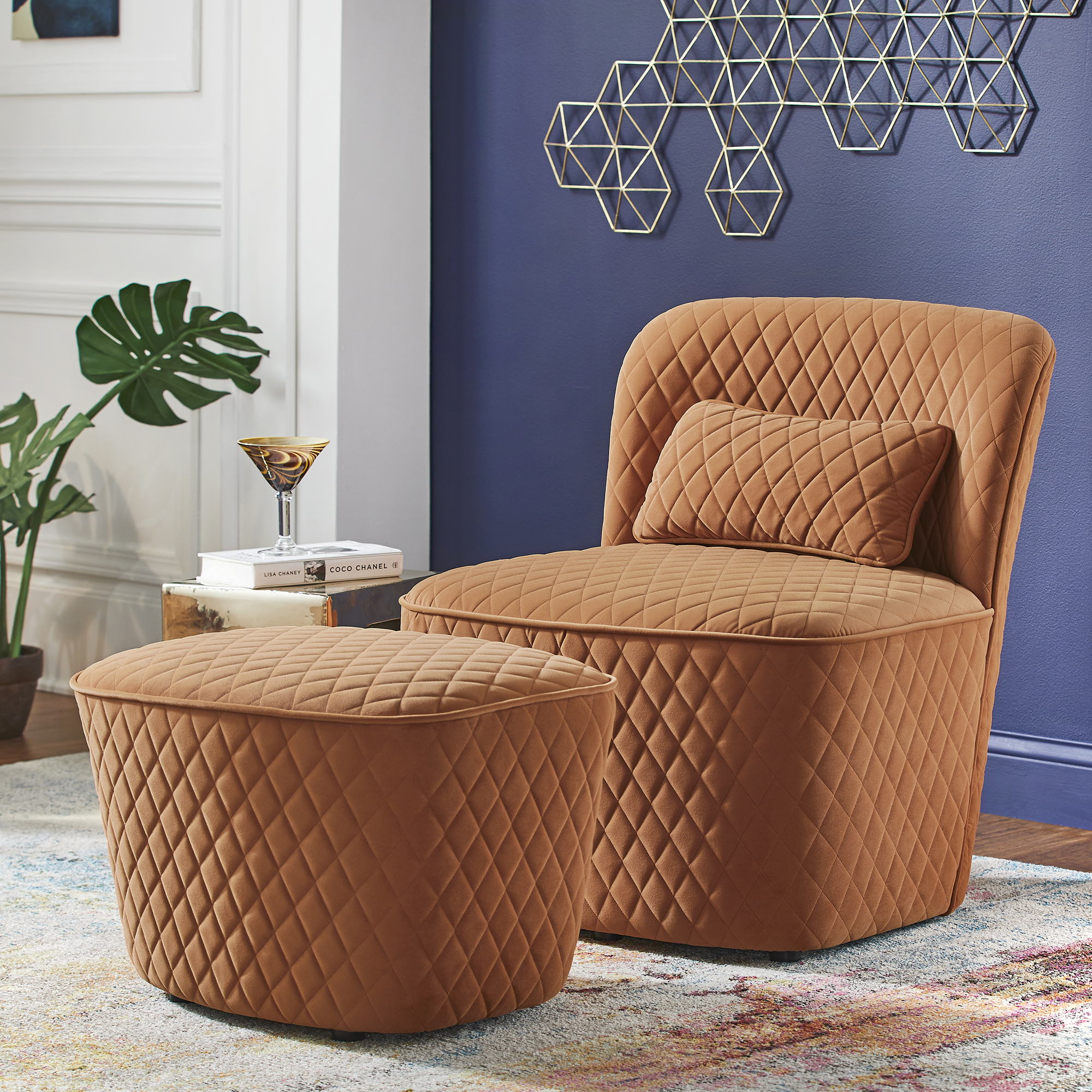 Orange Fabric Chair and Ottoman