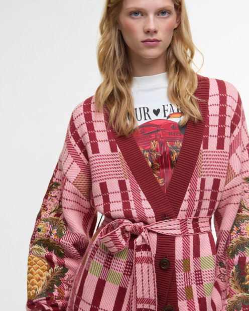 Barbour FARM Rio Luisa Embroidered Cardigan Pink Tartan