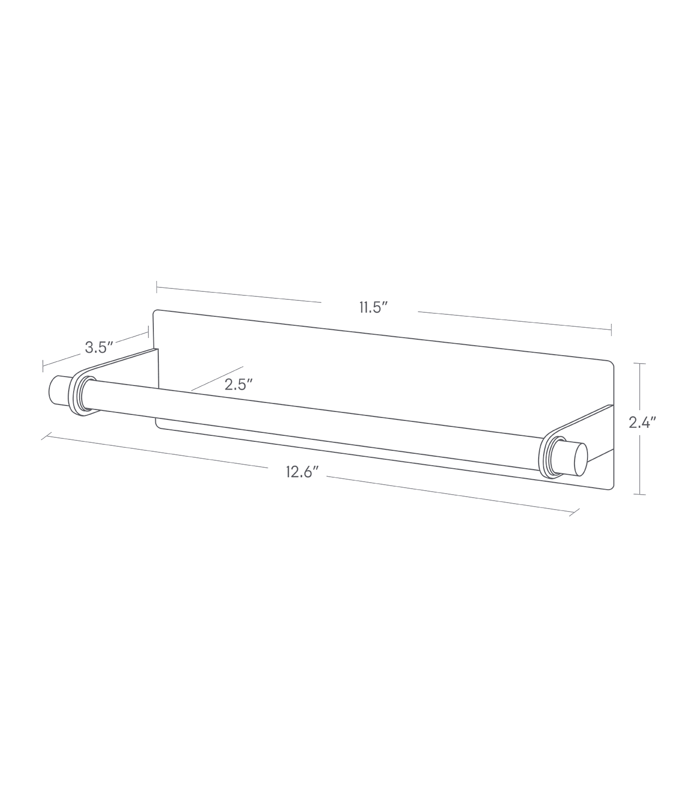 Dimension image for Magnetic Kitchen Towel Hanger showing height of 2.4 inches, total width of 11.5 inches, a wooden bar width of 12.6 inches, total length of 3.5 inches and 2.5 inches between the bar and the back panel