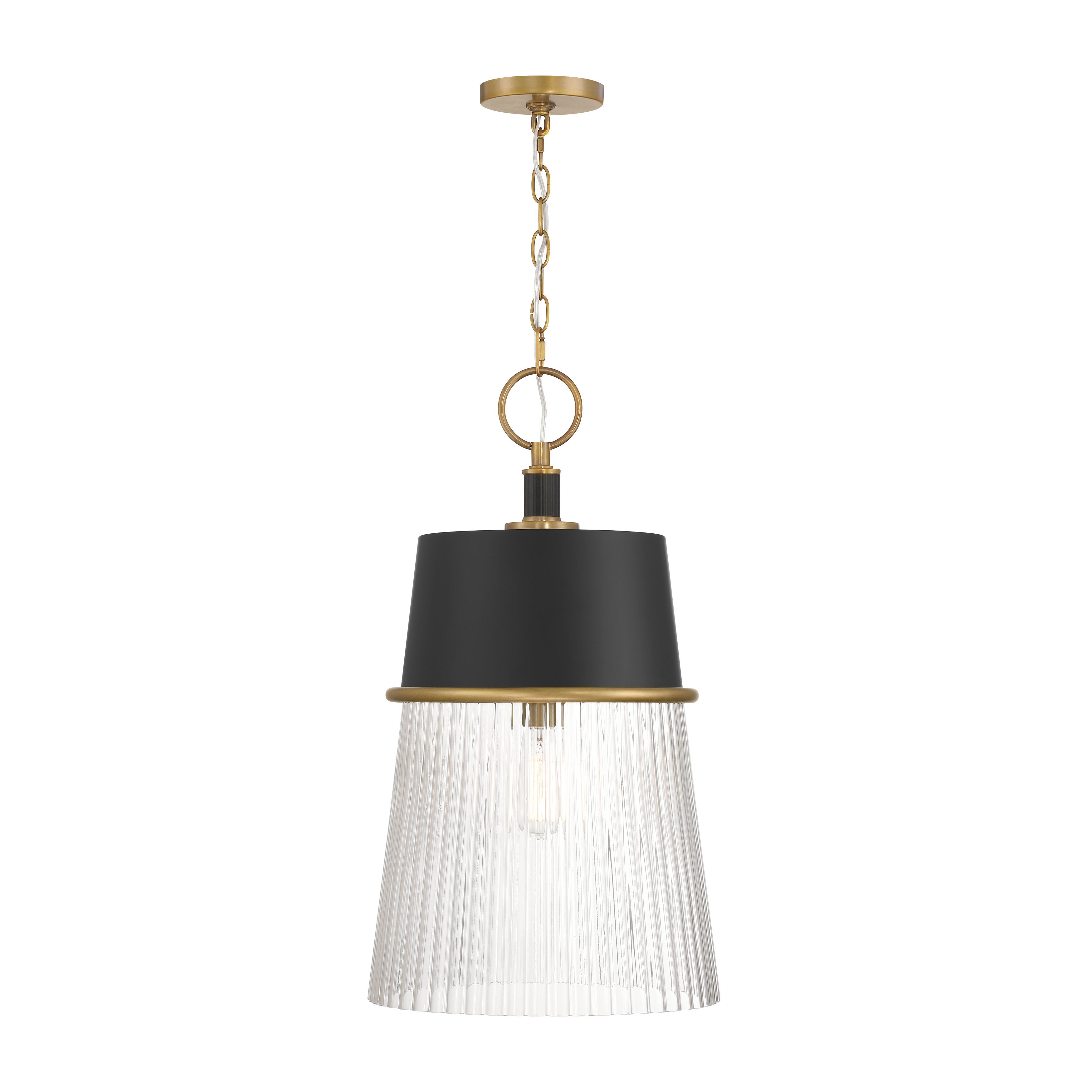 The Stamford pendant blends transitional elegance with industrial character through its mixed metal finish and clear ribbed glass shade. At 15 inches wide, it's perfectly sized for kitchen islands and dining areas. - alternate view