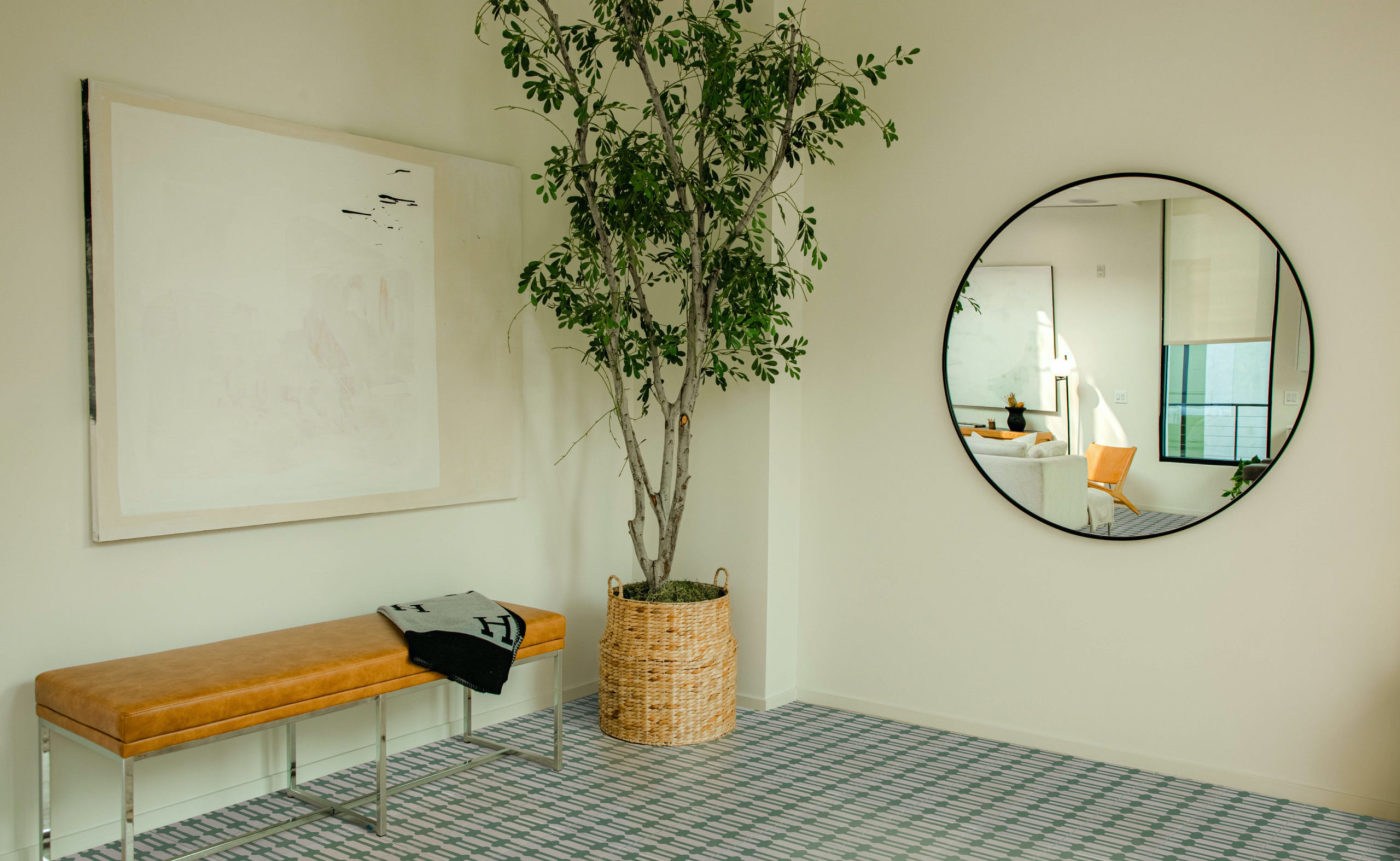 a room with a bench, a mirror, and a small tree.