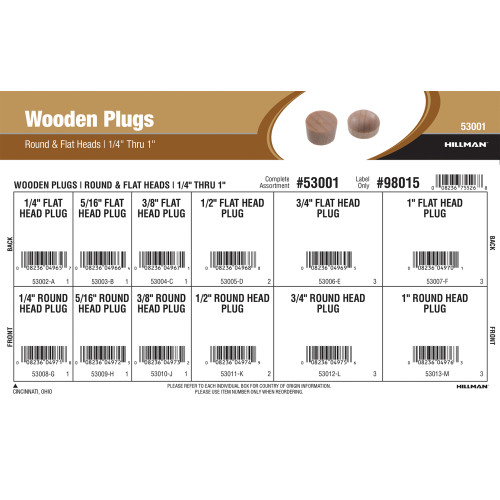 Round & Flat Head Wooden Plugs Assortment (1/4
