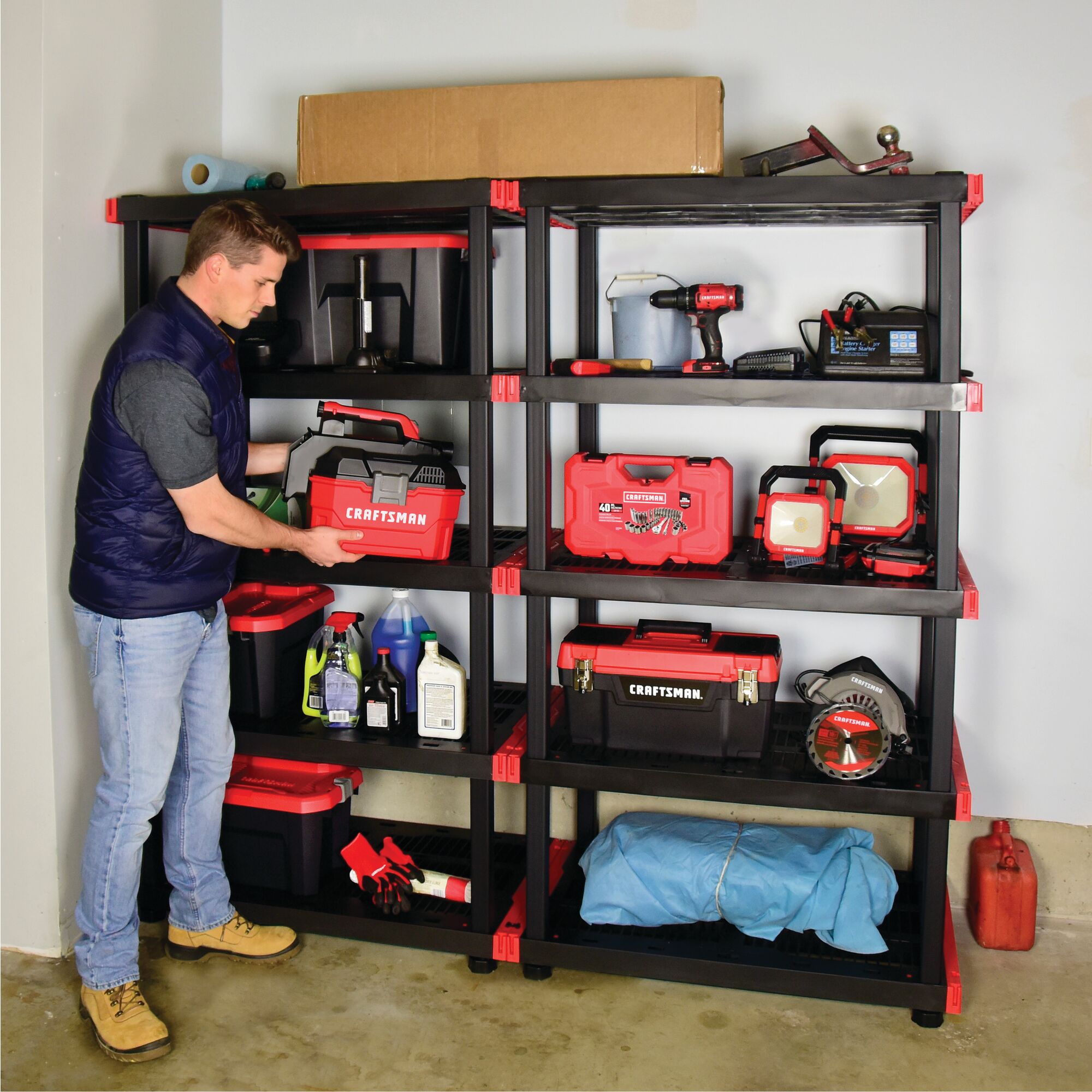 24 by 40 ventilated 5 tier shelf is a great place to store equipment for easy access.