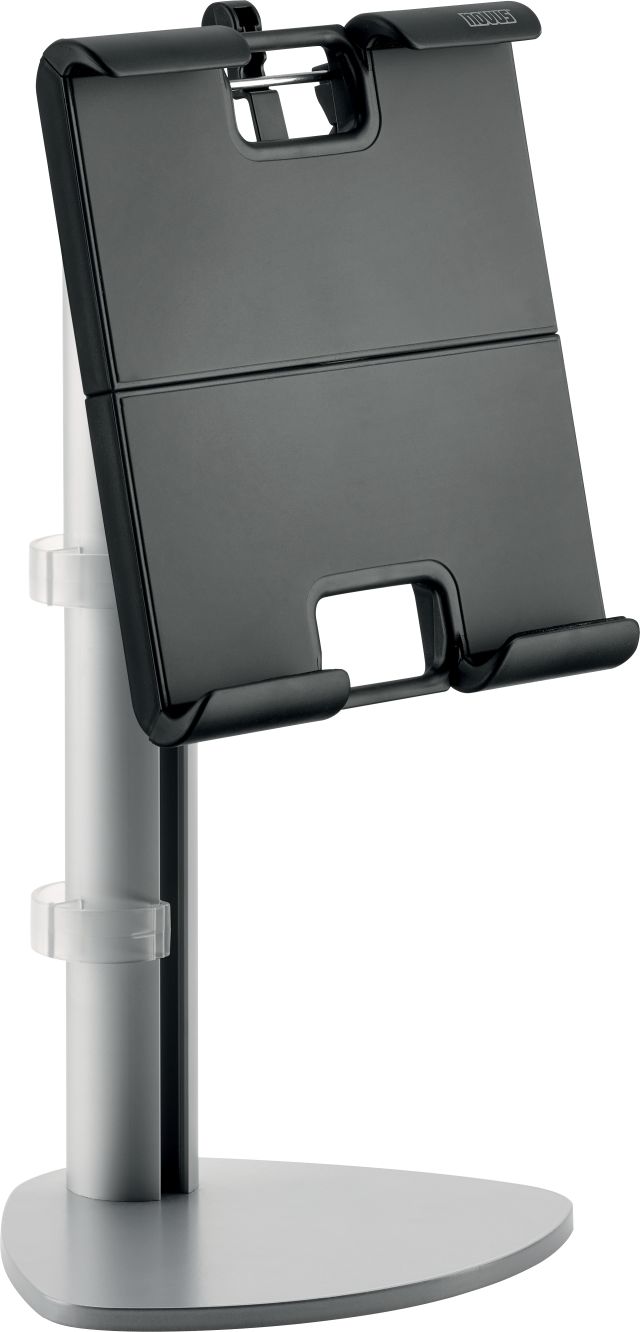 This fully adjustable tablet holder adjusts for height, angle, and viewing mode to eliminate neck and eye strain.