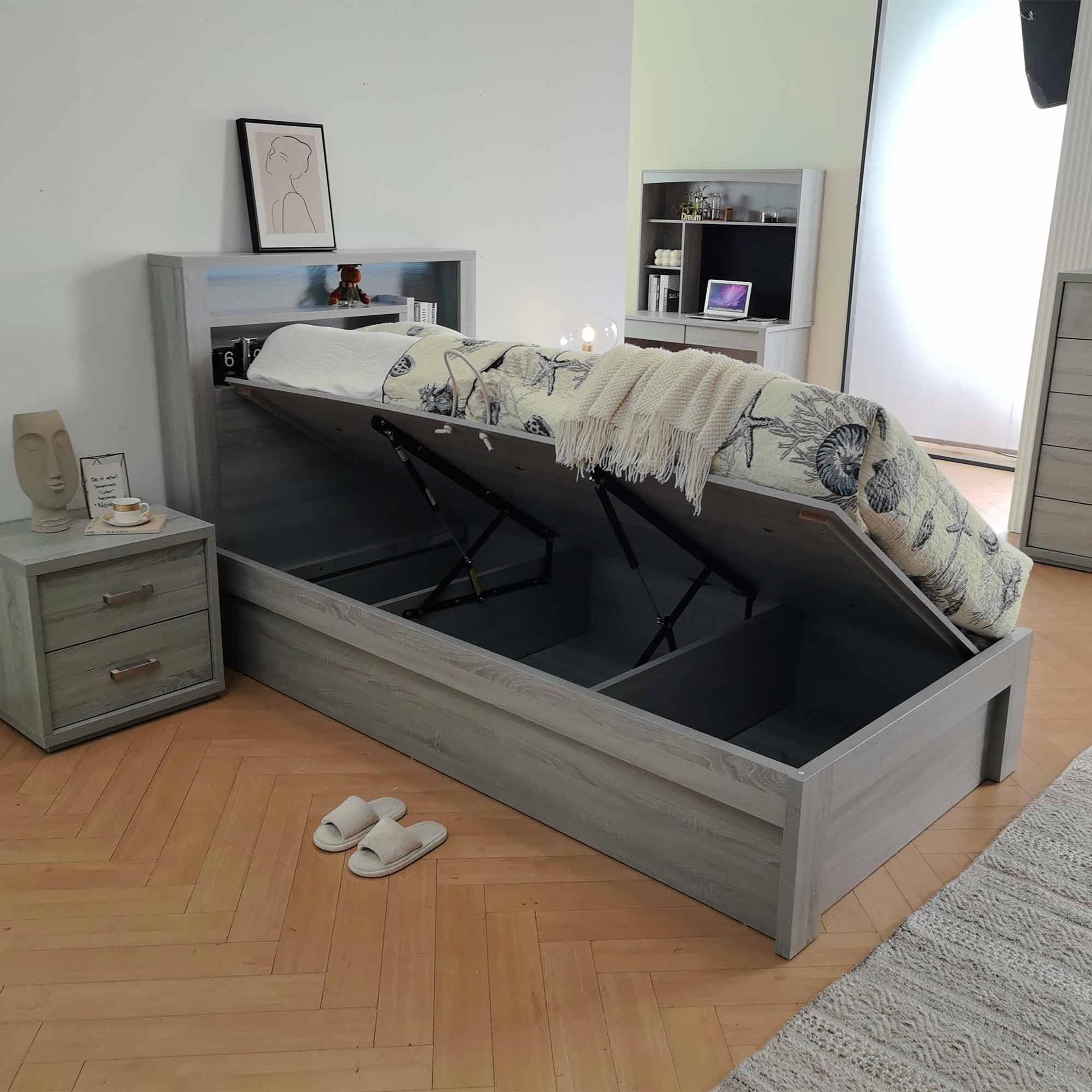 Lifestyle image of the  Bellevue Bed Frame, Side Gas Lift Base, Cement Grey from Forty Winks
