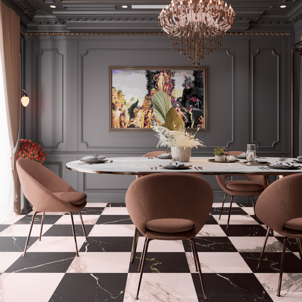 Reve Checker Noir with Rose 23-1/2 in. x 23-1/2 in. Porcelain Floor and Wall Tile