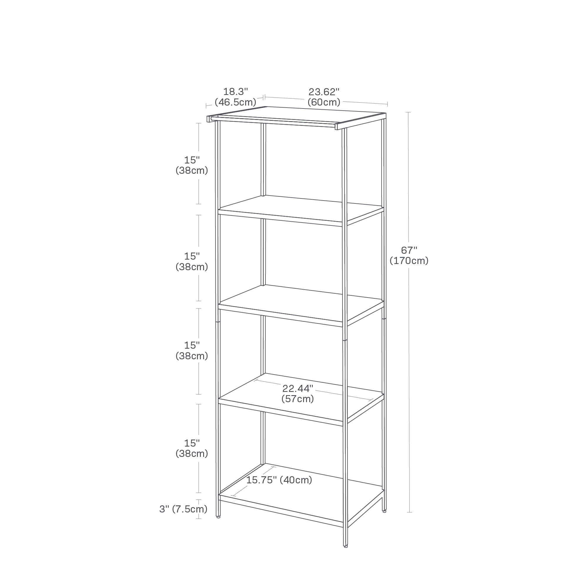 Dimension image for Storage Rack - 67 inches showing a total length of 23.62 inches, width of 18.3 inches and height of 67 inches. Floor to bottom shelf height of 3 inches. Shelves spaced out by 15 inches each. Shelf size of 22.44 inches by 15.75 inches.