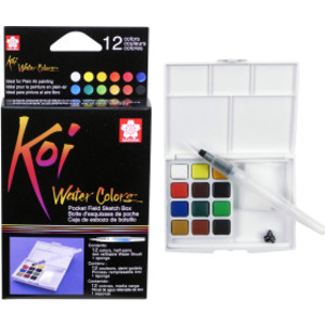 Koi Water Colors Field Sketch Box with Brush, 12 Colors