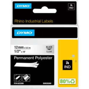 DYMO&reg; Rhino Industrial Permanent Polyester Labels, 1/2", Black Print on Clear Tape