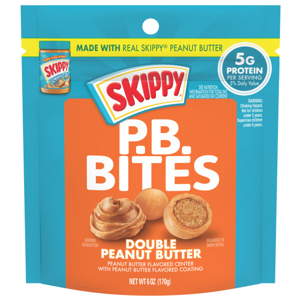 SKIPPY(r) P.B. Bites Double Peanut Butter, 6 oz. Pouch . C1C1 - Front Center In Package (Hi Res)