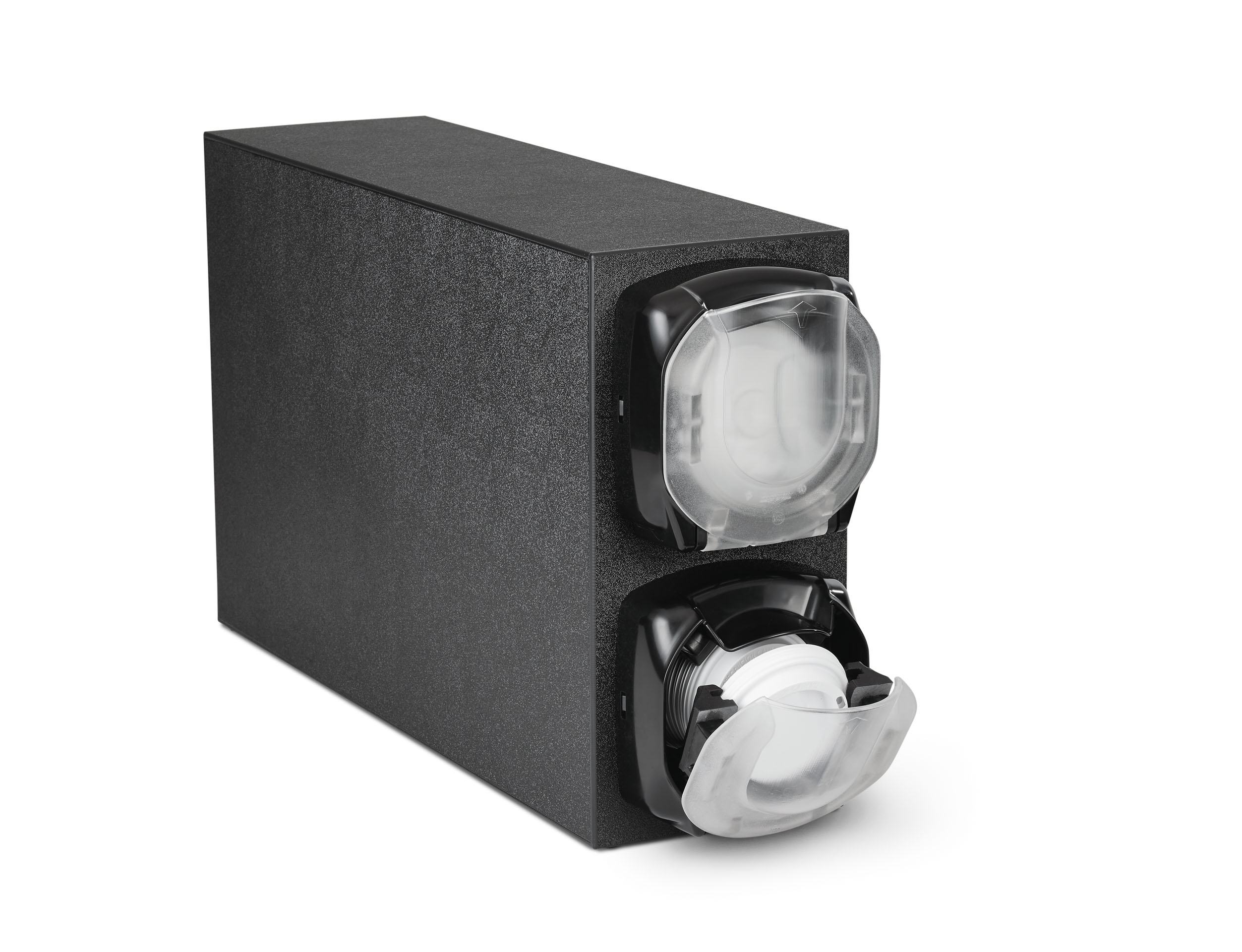 Configurable black ABS plastic dispenser with LidSaver® 3 Lid