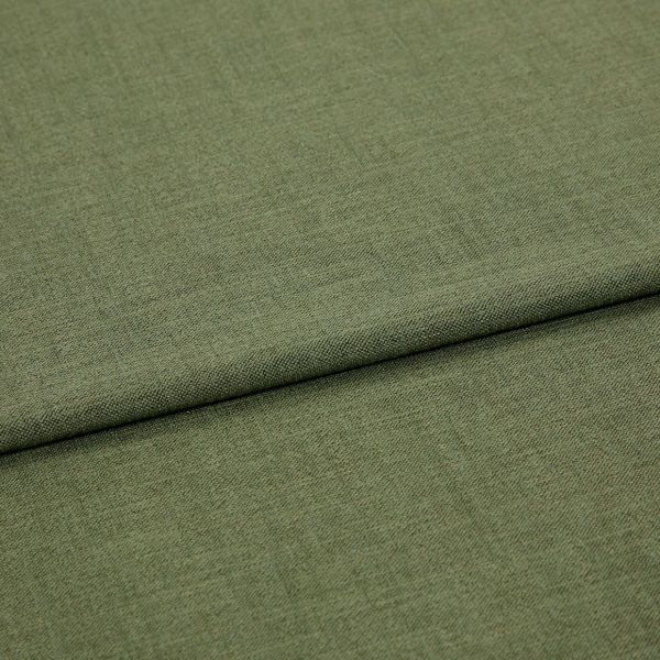 Olive-green woven fabric, folded once creating a horizontal ridge, displaying fine texture and subtle weave; close-up studio view with soft, even lighting.