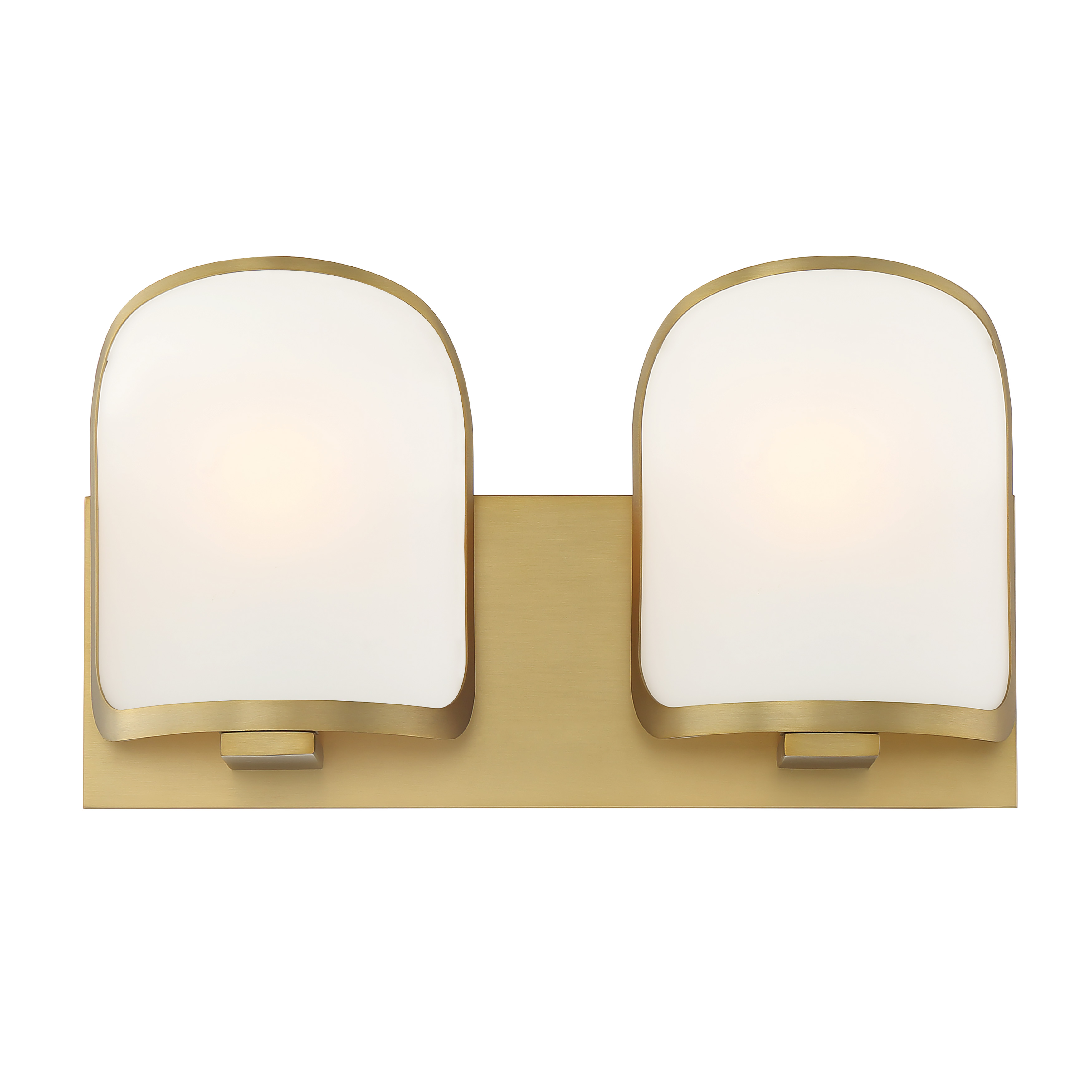 The Bishop Crossing 2-Light Bath fixture combines contemporary styling with warm soft brass finish and etched white glass shades. ADA-compliant and dimmable, it's perfect for modern bathrooms seeking refined illumination. - alternate view