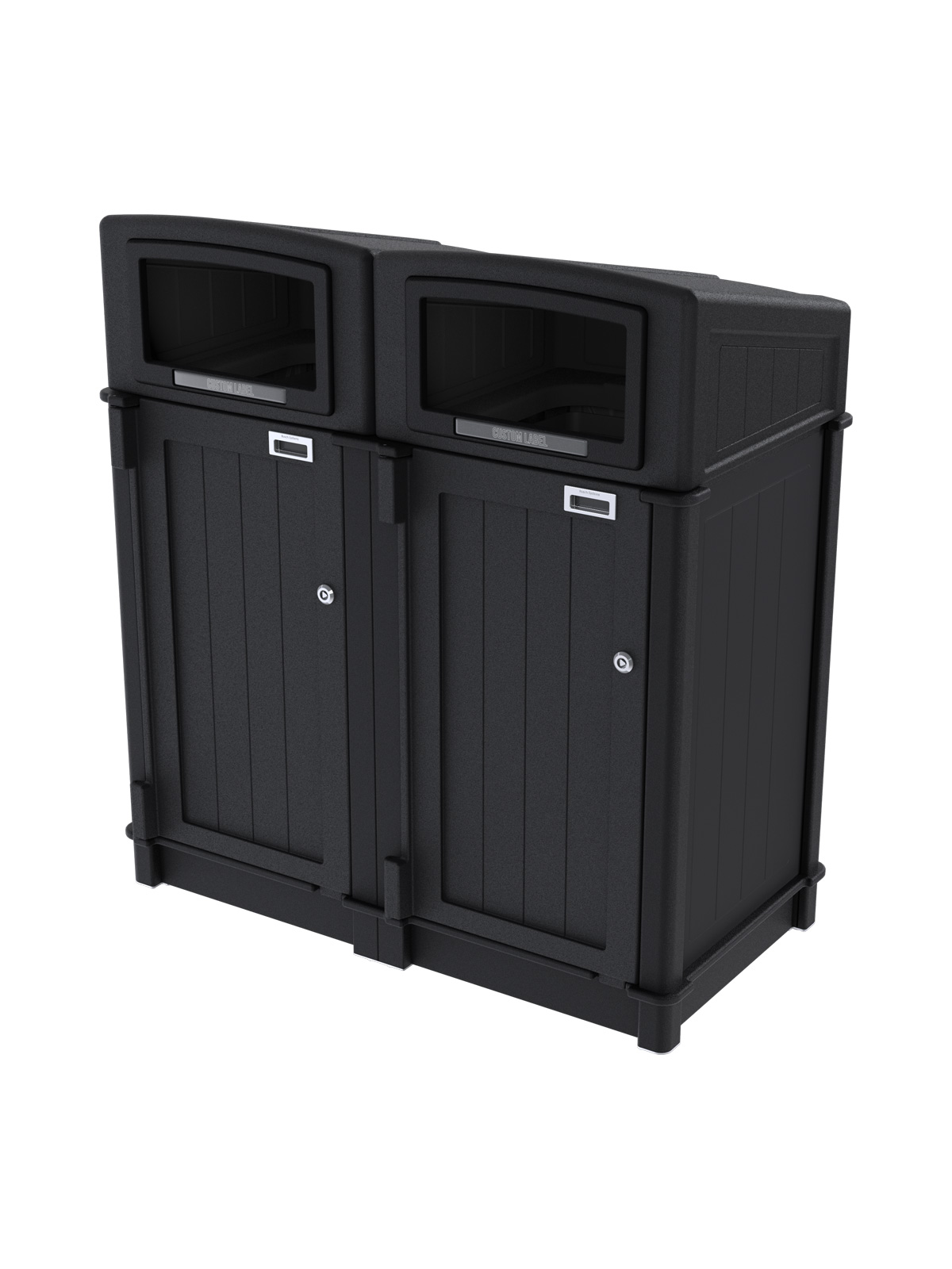 black recycled plastic double waste container with sloped canopy lids for collecting waste outdoors with custom labels