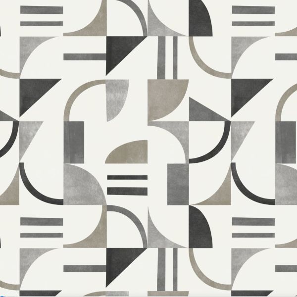 Geometric wallpaper of semicircles, triangles, rectangles and parallel bars in muted gray, taupe and black, arranged in a repeating tessellated pattern on a flat white surface under even lighting.