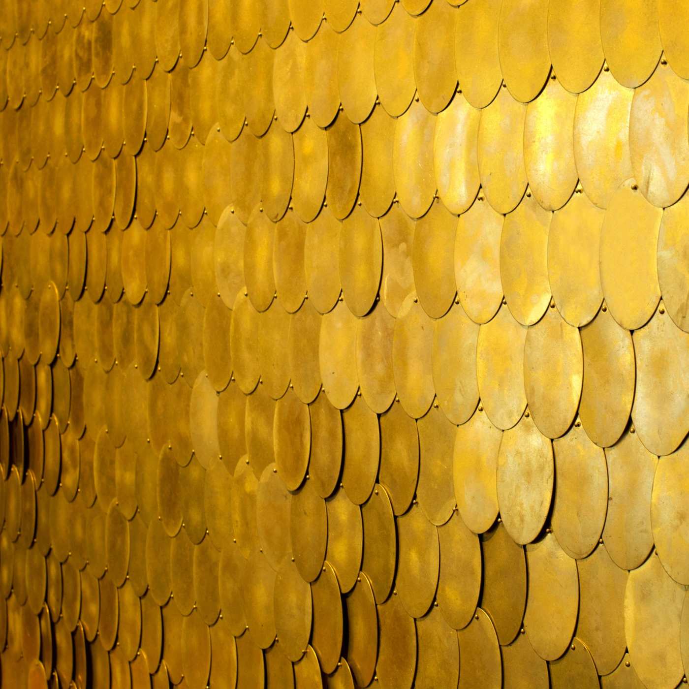 a close up of a wall covered in gold circles.