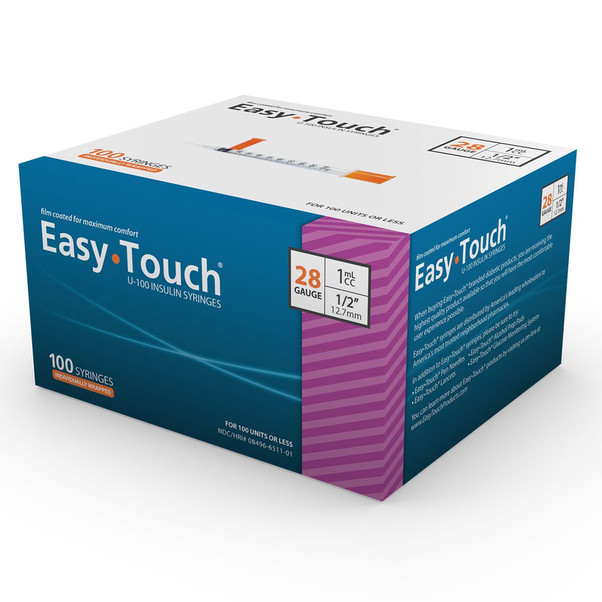 MHC Medical SYRINGE/NDL, EASYTOUCH INSLN PURP 1CC 28GX1/2" (100/BX 5BX/C