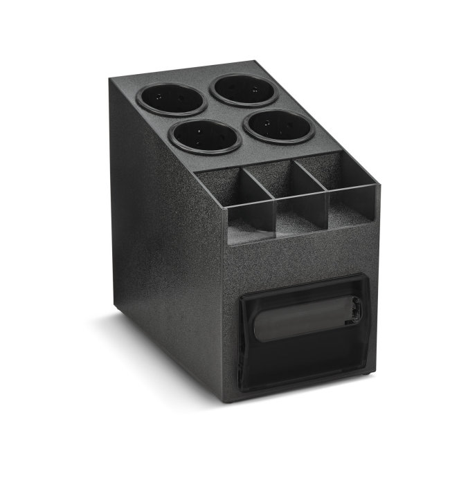 Countertop napkin dispenser with three-compartment condiment organizer and four removable black perforated cylinders