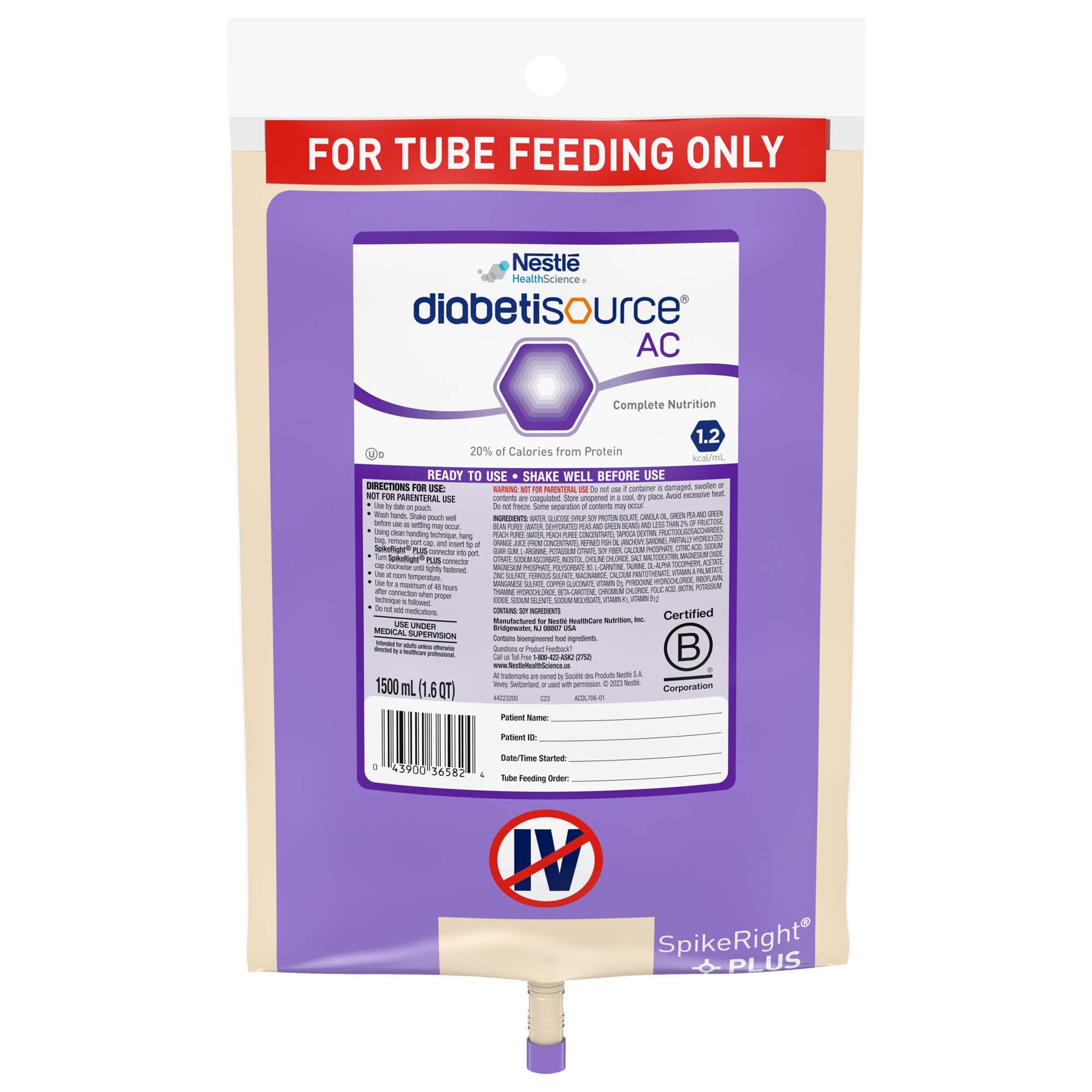 Diabetisource® AC Tube Feeding Formula, 1.5 L Ready to Hang Prefilled Container